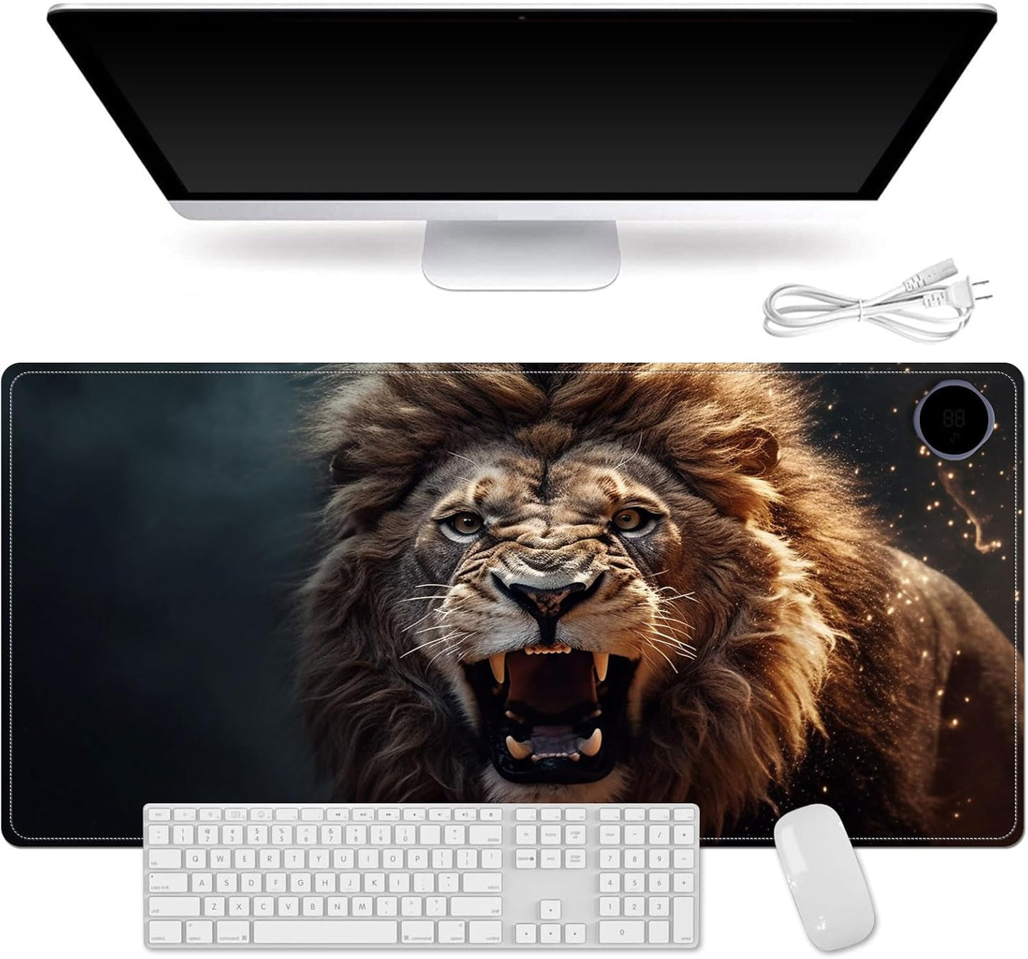 Small Heated Desk Pad 23.6" x 14.2" – Compact Electric Mouse Pad with 3 Heating Levels, Auto Shut-Off, Waterproof PU Surface, Plug-in Warmer for Office or Home Use, Roaring Lion