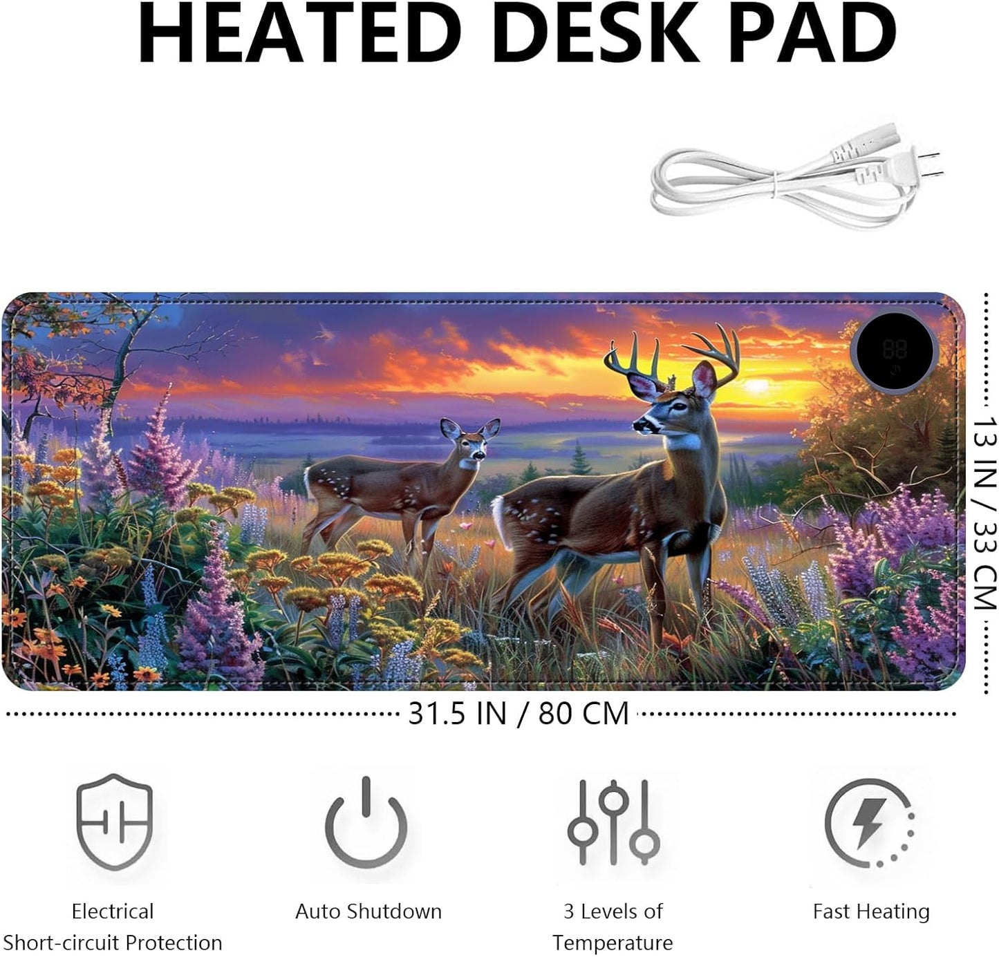 Heated Mouse Pad with 3 Levels Heated & 3 Hours Auto Shut-Off Mouse Pad for Warming Hands in Office Home, 31.5" x 13"Large Safe Desk Mat Hand Warmer，Elk Lavender
