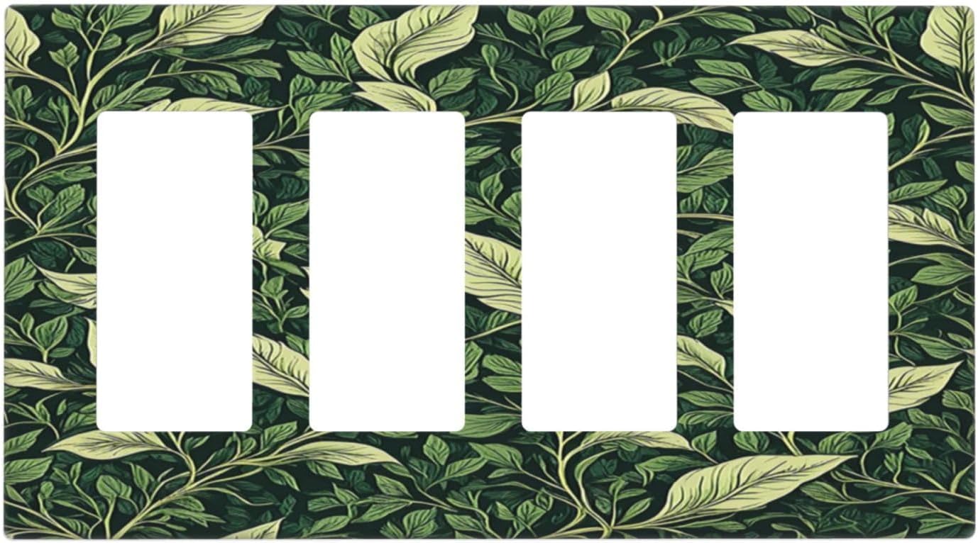 Vintage Green Plant Leaves 4 Gang Wall Plates Outlet Covers Quad Rocker Light Switch Cover Plate Decorative Switch Plates GFCI Electrical Faceplate for Bathroom Bedroom Decor 4.5 X 8 IN