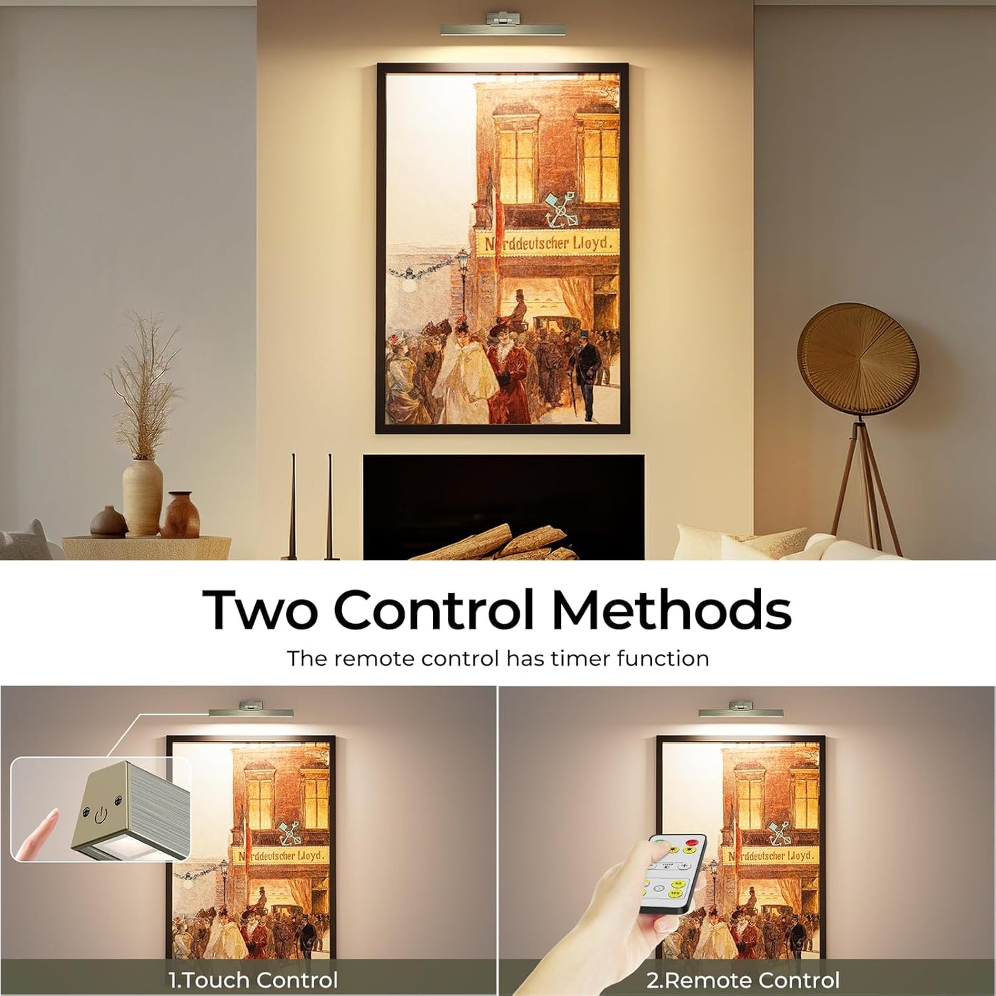 Picture Lights for Wall, Greenish Bronze Battery Operated Picture Light 16in Art Light CCT Dimmable Recharging Battery Wall Light with Remote Control for Living Room Gallery