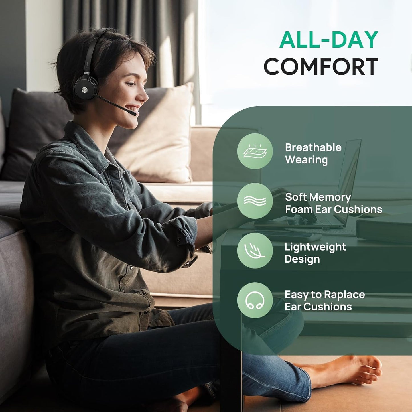 Yealink WH62 Portable Wireless Headset with DECT Dongle, 393 ft,Teams, Zoom Skype Certified, Office Work Headphones with 2X Noise Cancelling Mic, 13H Call Time, (Computer, Desk Phone)