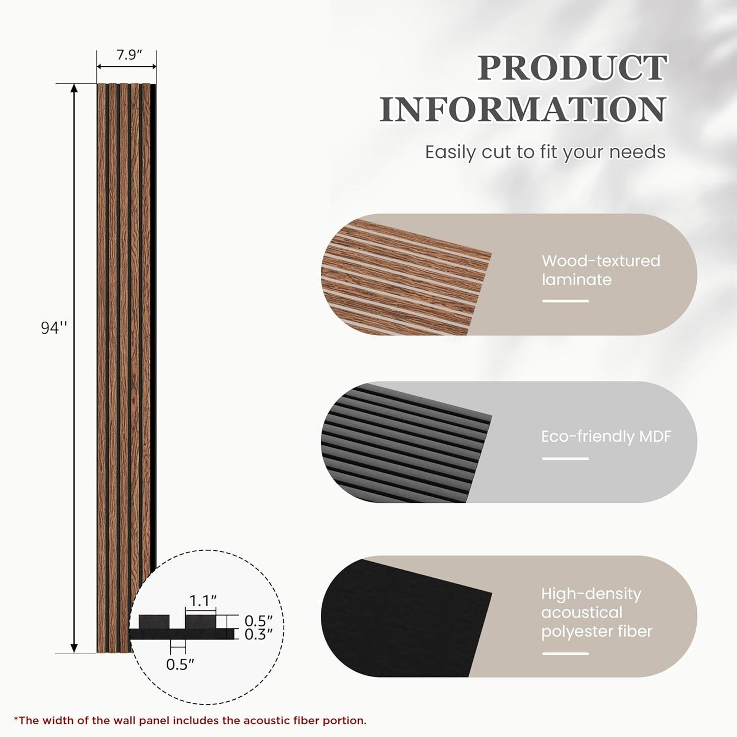 Wood Salt Acoustic Wall Panels, 6 Piece 94" x 7.9" x 0.8" Soundproof Wooden Wall Panels, 3D Fluted Sound Absorbing Panel, Red Oak