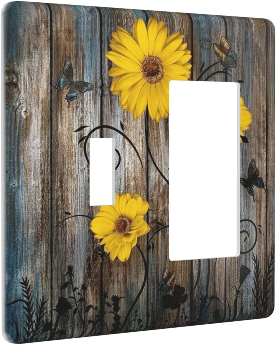 Rustic Barn Sunflower Wooden Daisy Flower Plank Outlet Covers 1 Toggle 1 Rocker Combination Decorative Wall Plate Electrical Switch Plates Light Switch Cover Plate for Farmhouse Home Decor