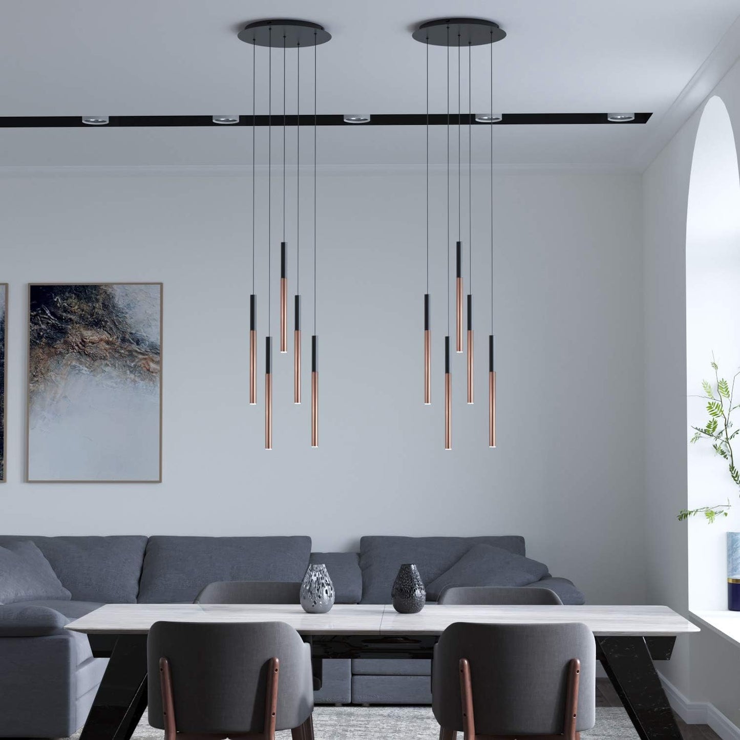 ALTAIR 5 Mini Pendant Lighting Black-Copper - LED Hanging Light Fixture for Kitchen Island, Bar, Foyer - Cluster Pendants - Dimmable, Adjustable Wire, Lamp Bulb Included