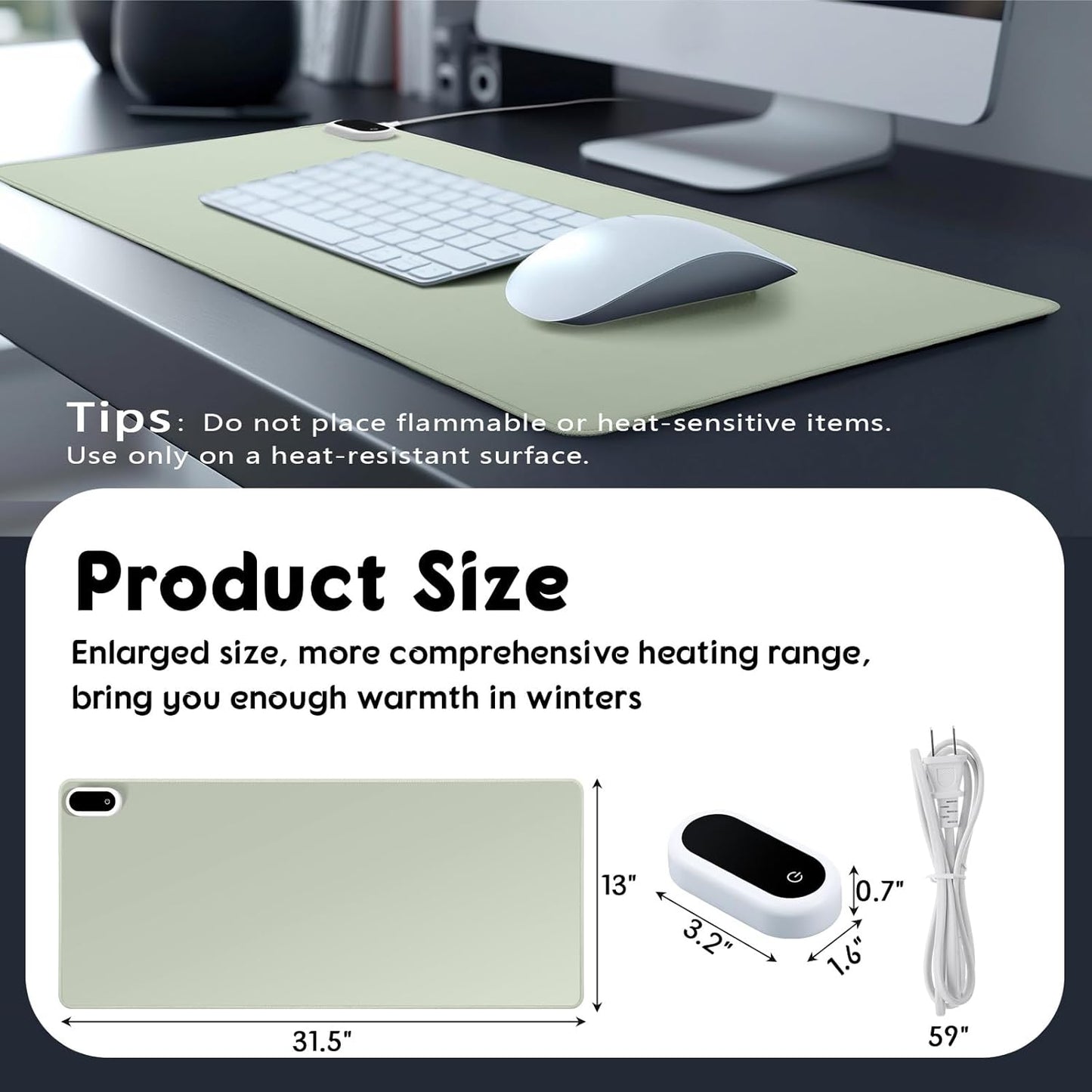 Konohan Heated Large Desk Mat PU Leather Warm Mouse Pad with 5 Heating Level & 4 Hour Auto Shut-Off Heating Keyboard Pad Warmer Gaming Mice Mat Only Supports 110v(Gray-Green Color,31.5" X 13")