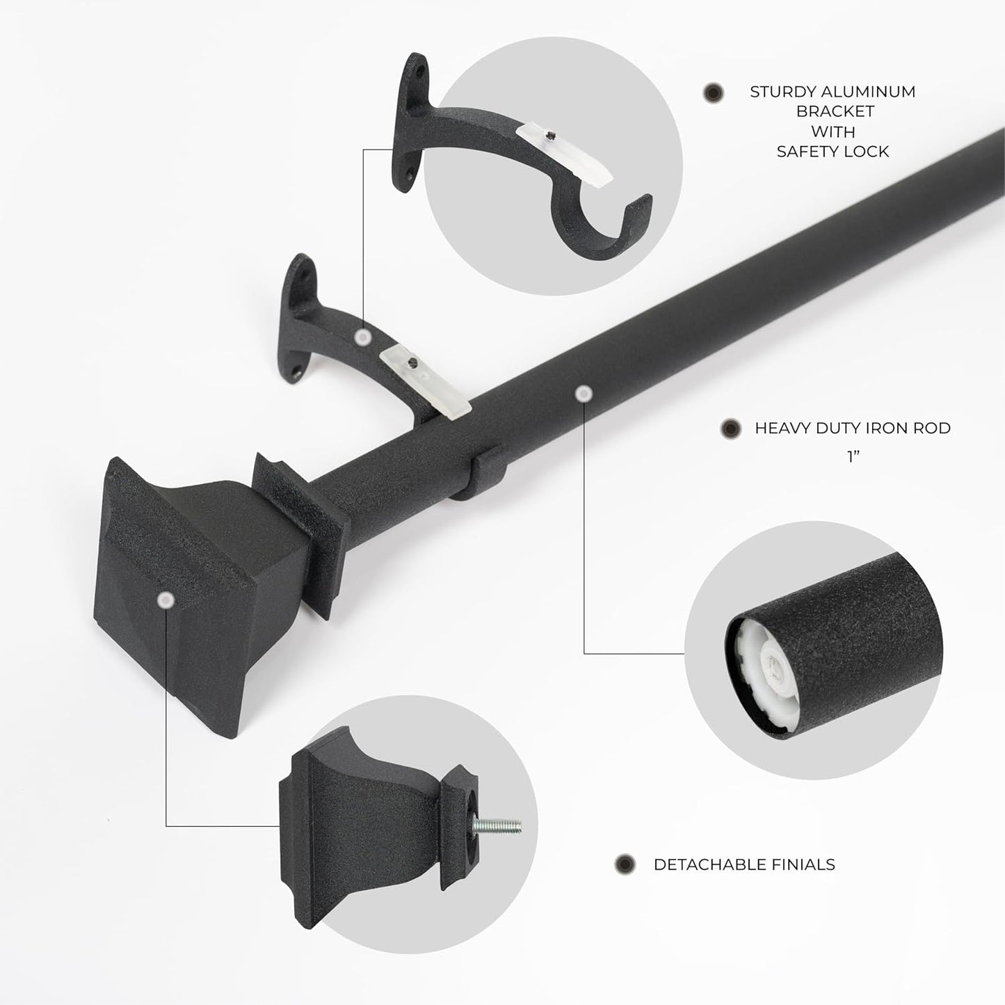 Deco Window Adjustable Curtain Rod for Windows 18 to 44 Inch (Pack of 1) Extendable Heavy Duty 1 Inch Iron Drapery Pole with Finials Wall Mounted French Door Curtain Rods (Black)