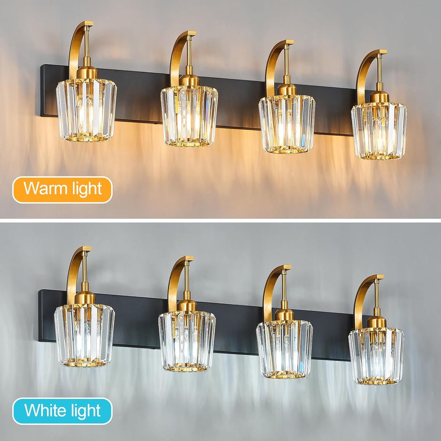 Modern Bathroom Vanity Light, 4-Light Black Gold Wall Sconce with Crystal Accents, Over Mirror Bathroom Lighting Fixture, 32.67" Long Dimmable Vanity Lamp for Makeup, Easy Installation