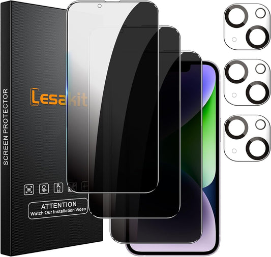 3+3 Pack Privacy Screen Protector for iPhone 14 Plus 6.7-Inch with 3 Pack Camera Lens Protector, Anti Spy Tempered Glass Film 9H Hardness Bubble Free Case Friendly