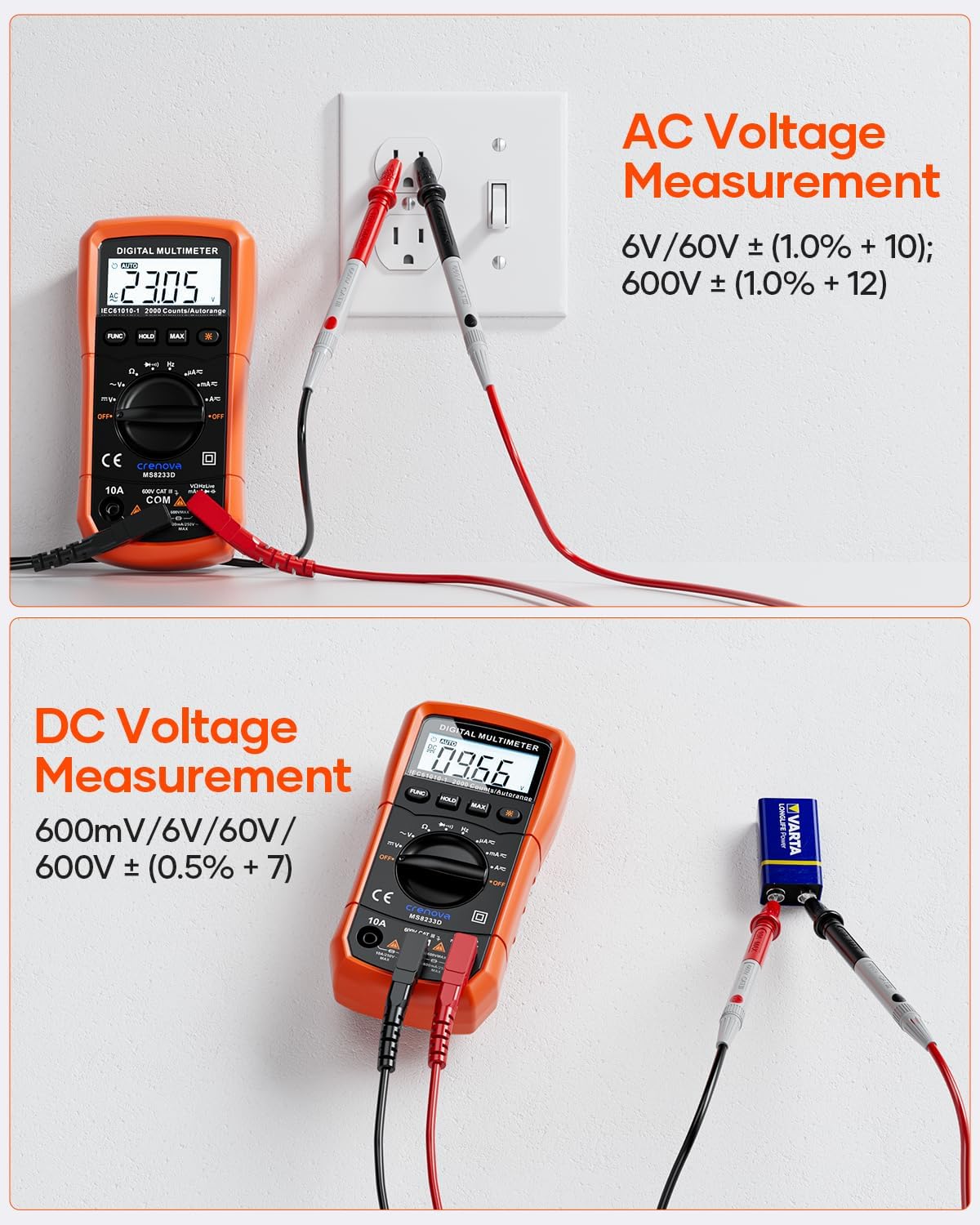 Crenova MS8233D Multimeter 6000 Counts Digital Multimeter DC AC Volt Meter Ohm Volt Amp Tester Measures Voltage Current Resistance Capacitance Continuity Diode Duty-Cycle Frequency NCV Live Wire Test