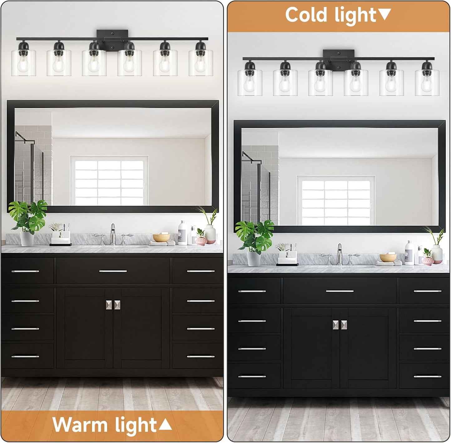 Bath Vanity Lights For Mirror, Restroom Lights Fixtures With Milky White Frosted Glass Shades,Bathroom Over Sink Light Fixtures, Bathroom Light Fixtures Over Mirror (Black with clear glass, 6-Light)