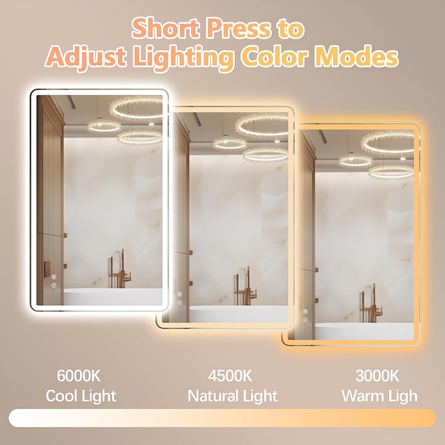 Niccy 30"x48" LED Bathroom Mirror, Rectangle Vanity Mirrors with Lights, Frontlit & Backlit Lighted Vanity Mirror, Memory Funtion, 3 Colors & Stepless Dimmable, Anti-Fog, Horizontal/Vertical