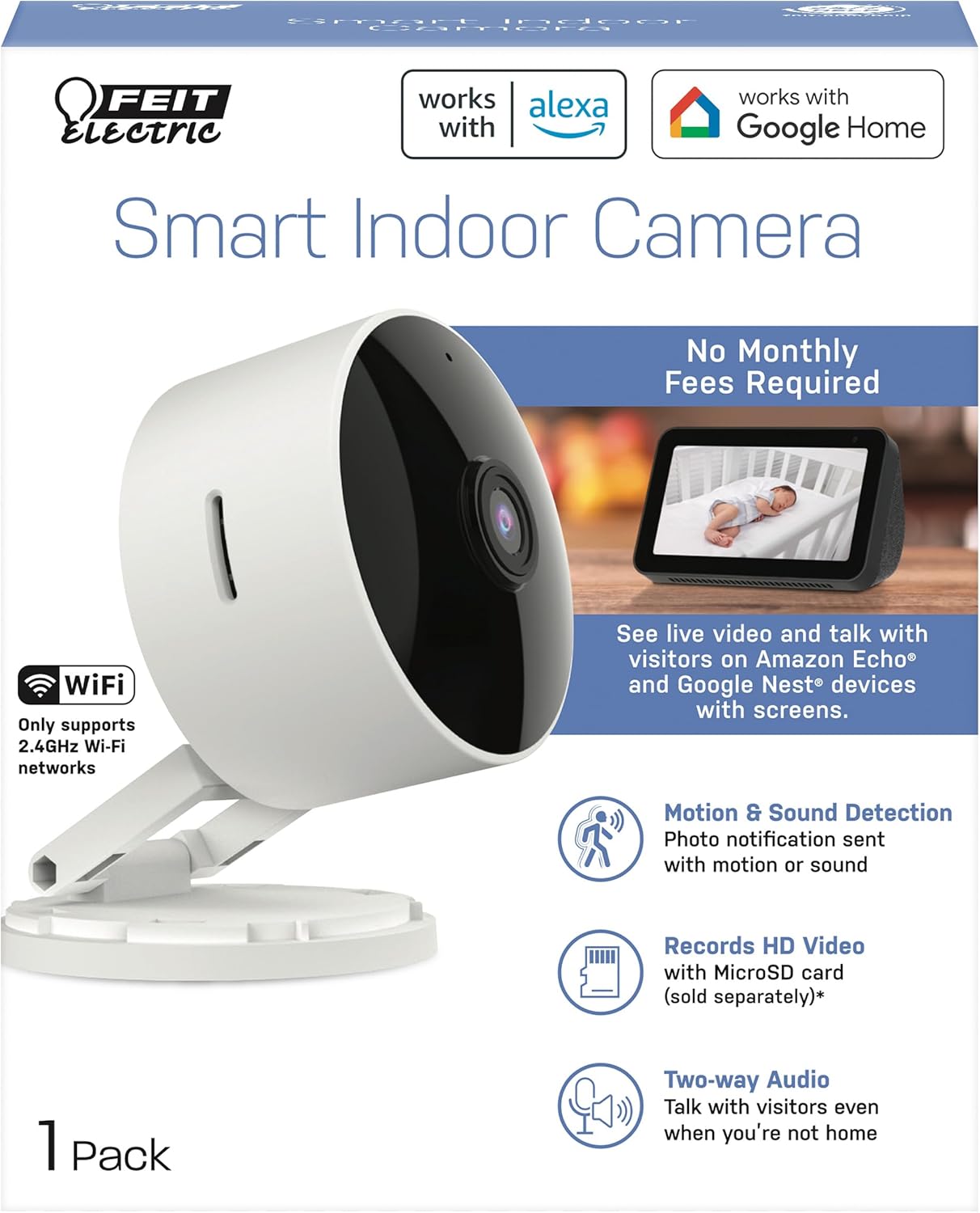 Feit Electric Indoor Security Camera with Motion Detection, 30ft. Night Vision, 360° Adjustable Head, 2.4GHz WiFi, 2-Way Audio, 1080p HD, Works with Alexa & Google Asst, Plug-in, White - CAM1/WIFI