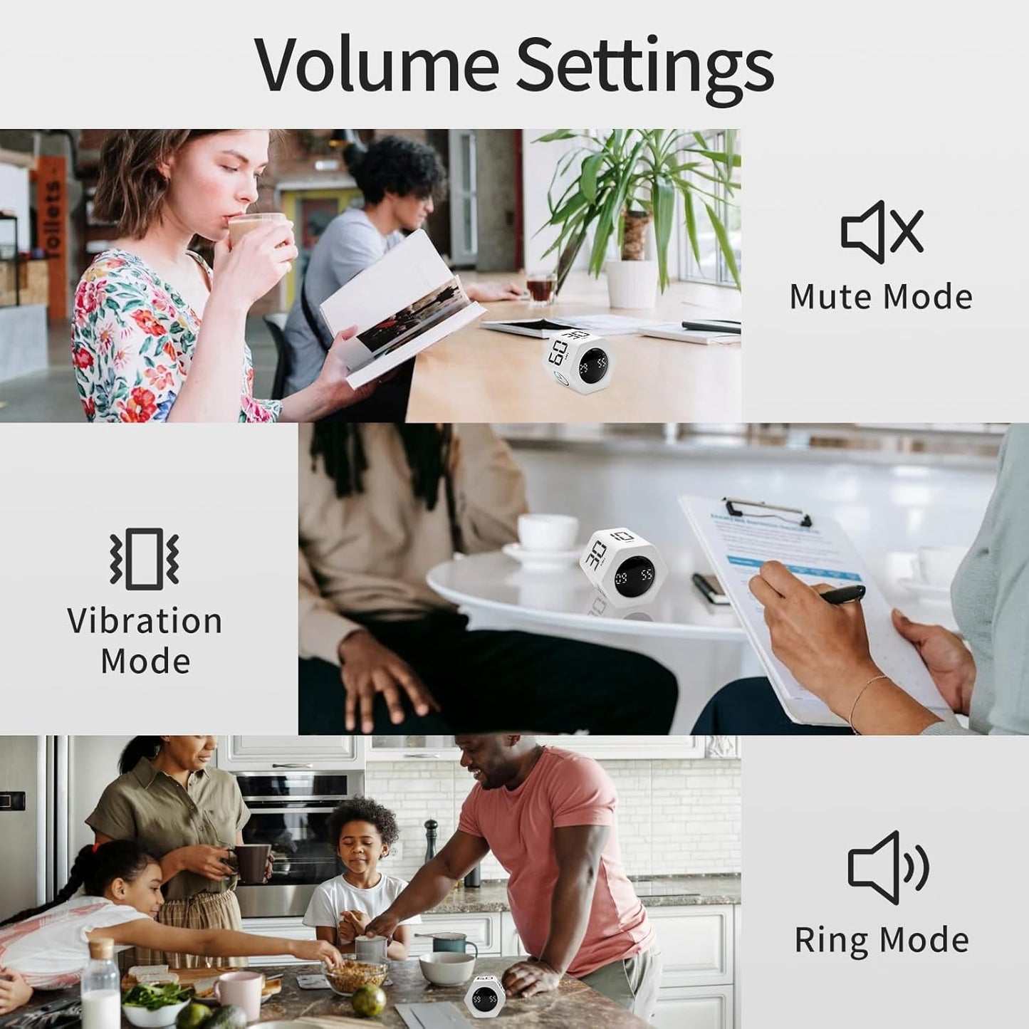 Productivity Timer Flip Gravity Sensor Pomodoro Cube Timer Countdown & Countup,1/5/10/30/60min Preset & Custom Timing, Mute/Vibrate/Sound for ADHD,Work,Study,Kitchen(1, White Hexagon)