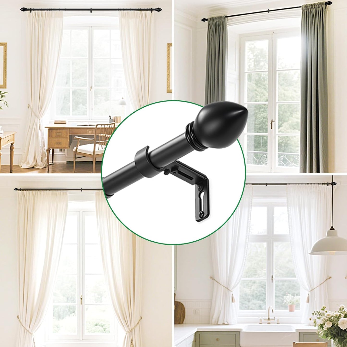 Curtain Rods for Windows 16 to 92 inches, Curtain Rod Max Adjustable Length to 104 in, Drapery Rod 1 inch Diameter with Modern Knobs Finials (Black, 16" to 92" - Set of 2)