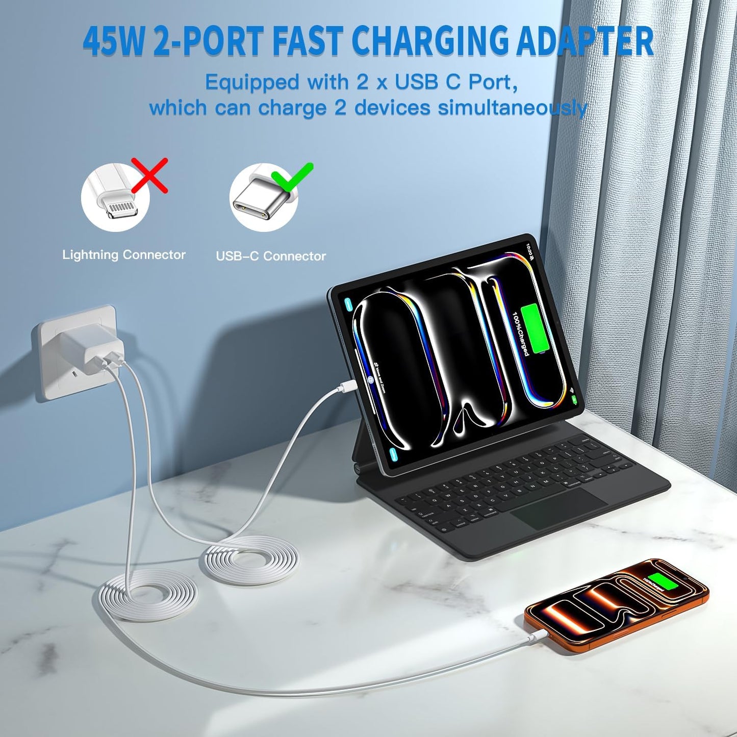 45W 2 Pack Super Fast Charger USB C Dual Port with 2×10FT White Type-C Charger Cord Block for iPhone17/17air/17 Pro/16/16e/16Pro Max/15/15Plus,i Pad,Compact Plug for Home/Travel, Safe & Durable Design