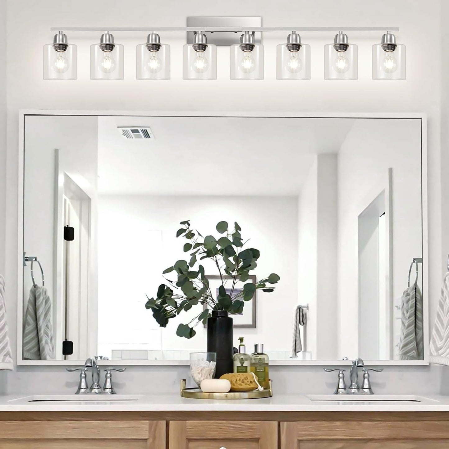 Modern Brushed Nickel 8 Light Bathroom Light Fixtures,52 inch Vanity Lights for Bathroom with Clear Glass for Mirror Kitchen Living Room Hallway Cabinet Porch