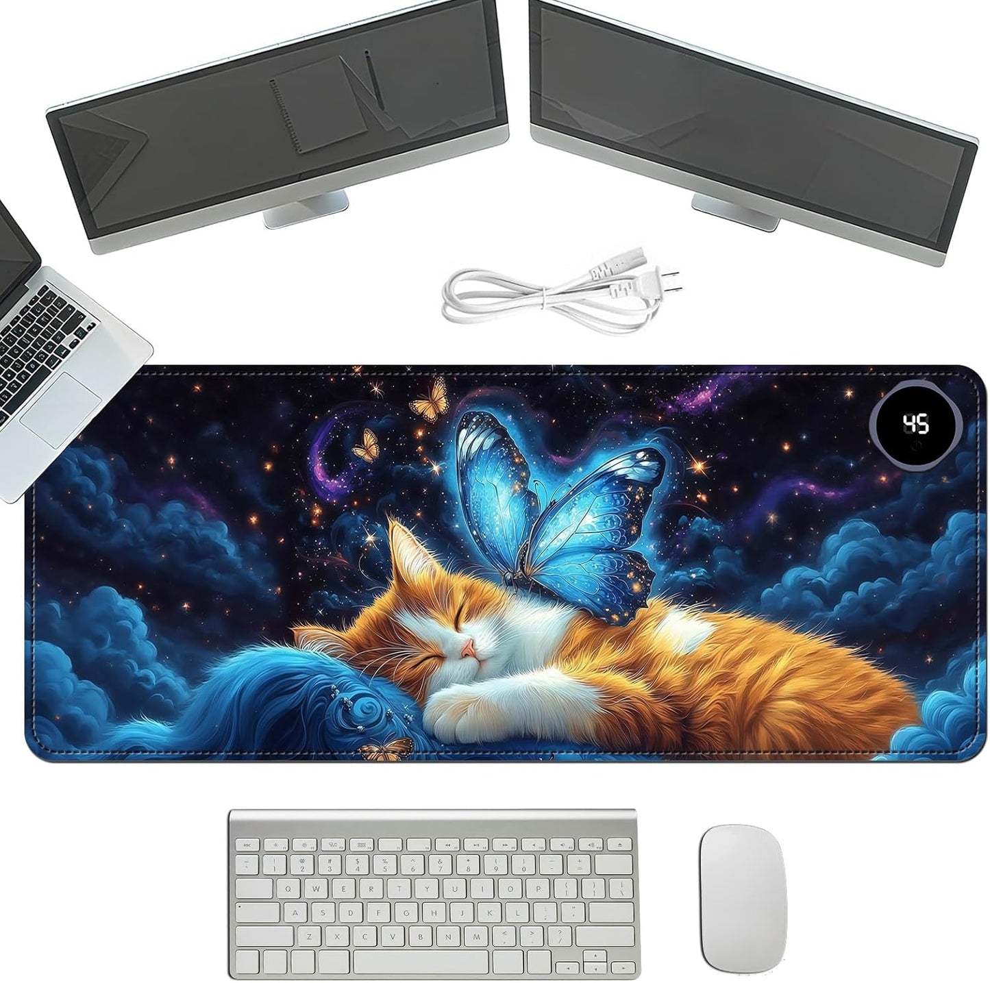 Heated Mouse Pad with 3 Temperature Settings(104°F–122°F),Large 31.5x13 Inch PU Leather Heated Desk Mat,Waterproof Warming Pad for Office,Gaming & Cold Hands Relief,Cat Bule Butterfly