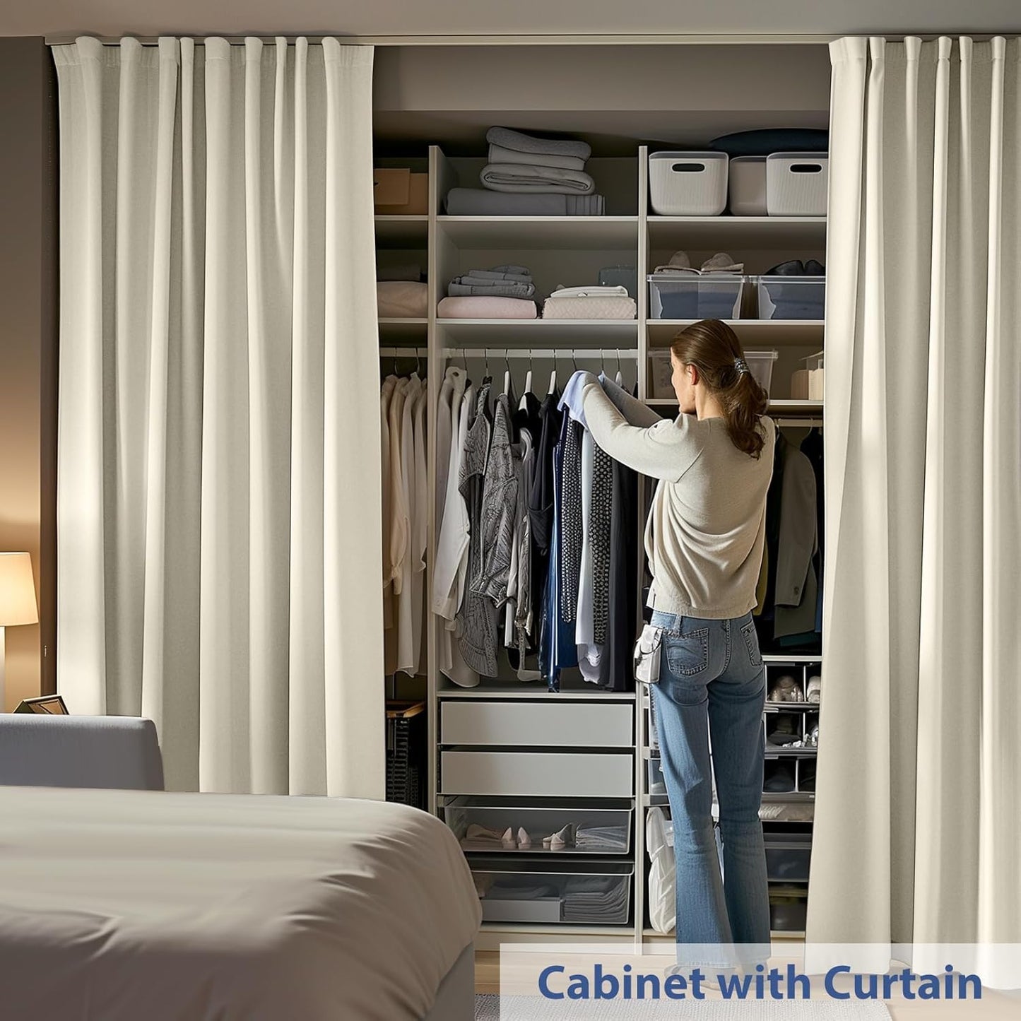 Room Divider Ceiling Mounted Curtains Track Sets Extra Wide Blackout Curtain Flexible Tracks for Bedroom Privacy Partition Separator, 1 Panel Beige Drape and White Rail, W10 x H10ft