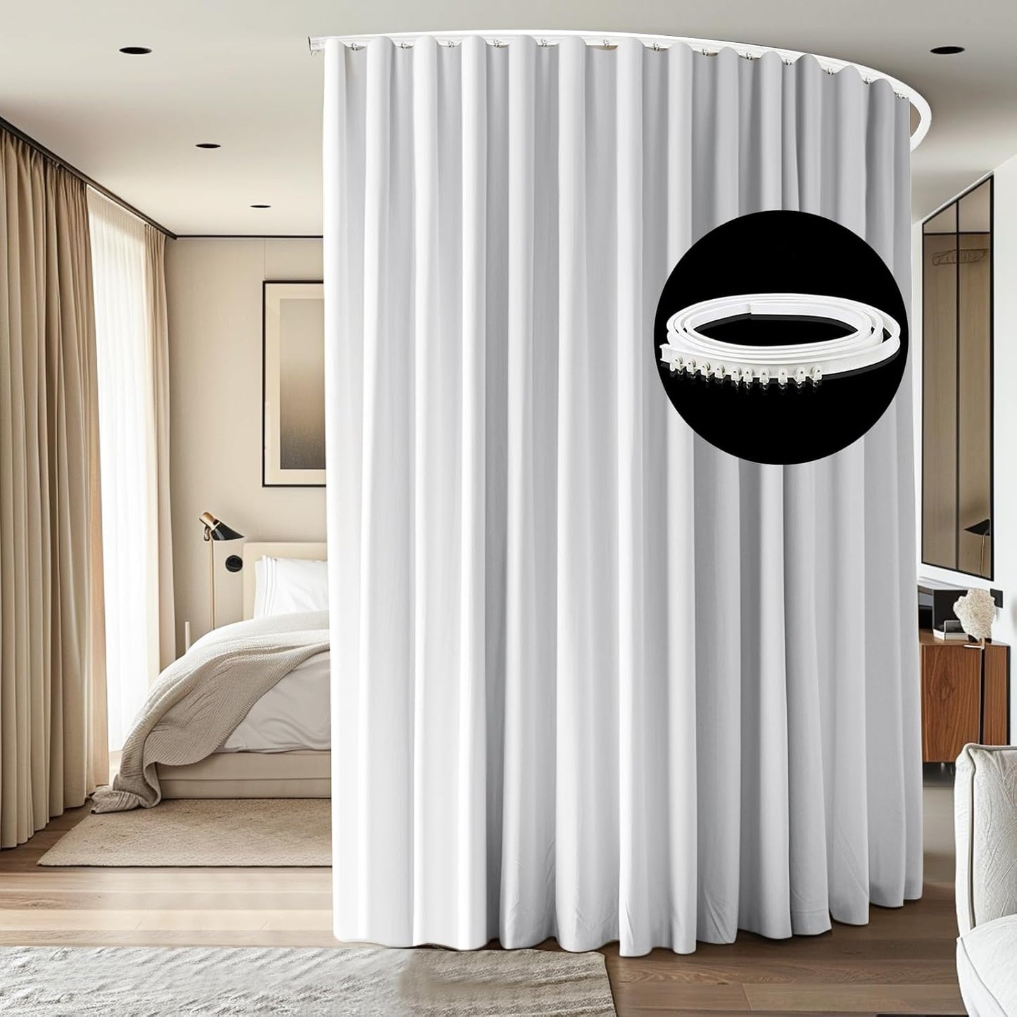 Room Divider Ceiling Mounted Curtains Track Sets Extra Wide Blackout Curtain Flexible Tracks for Bedroom Privacy Partition Separator, 1 Panel White Drape and White Rail, W8.3 x H9ft