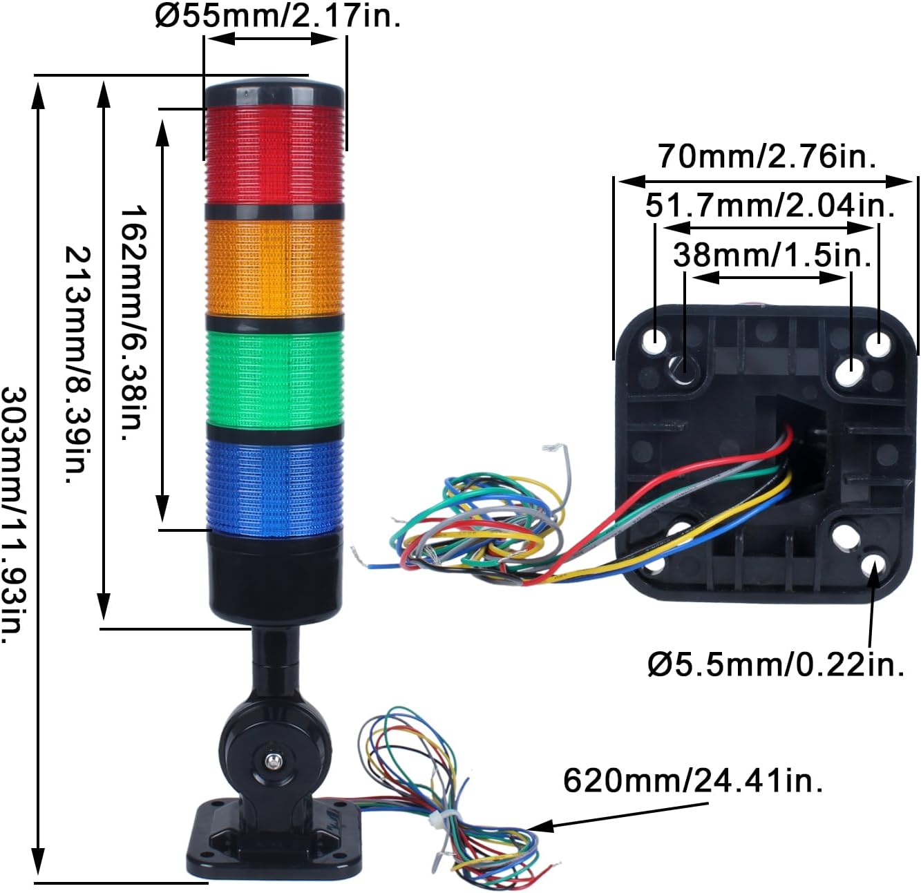 Led Signal Tower Stack Lights, Industrial Signal Warning Lights, Column Tower Lamp with Rotatable Base, Steady/Flashing Switchable, 110V 220V AC(4-Layer, with Buzzer) Black