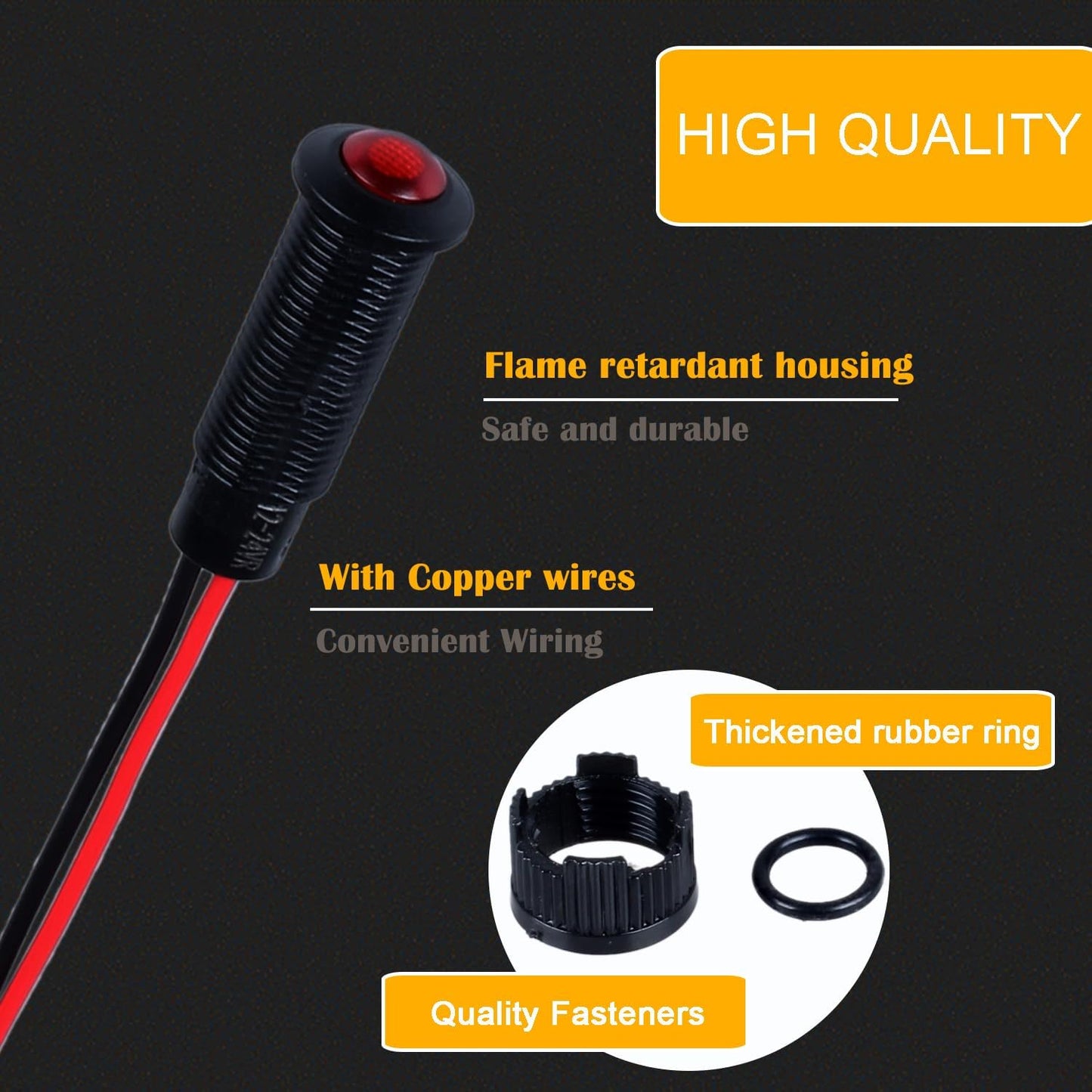 5pcs 8mm LED Indicator Light Plastic Black Signal Dot Lamp 12V-24V 5/16" Mounting Hole Size with 15cm/5.9in. Wire (Red LED)