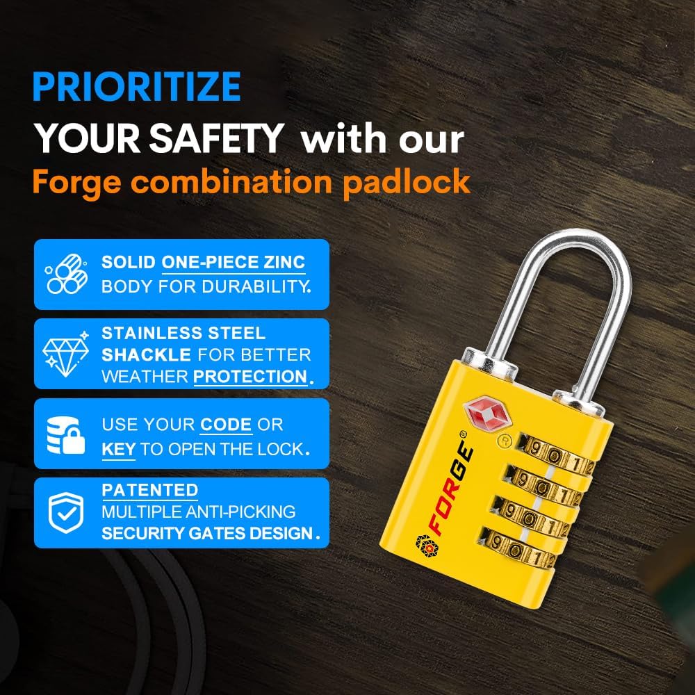 Forge Dual-Opening: Key or Combination Access Lock, TSA Approved Locks for Luggage, Pelican case, Travel, Gym, School, Stainless Steel Shackle.(Yellow, 4 Pk)