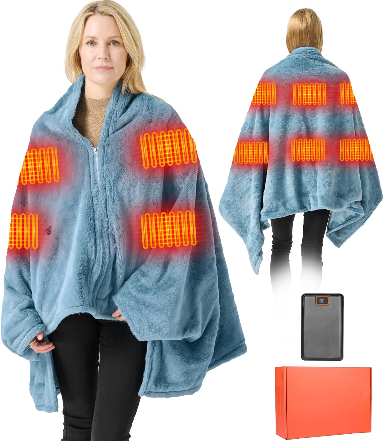 Graphene Heated Blanket Battery Operated, 20000mAh Battery 7.4V Fast Heating Blanket 70''x 35'' Portable Heated Shawl with Fleece Lining, Cordless Heated Shawl, Gift for Women (Blue)