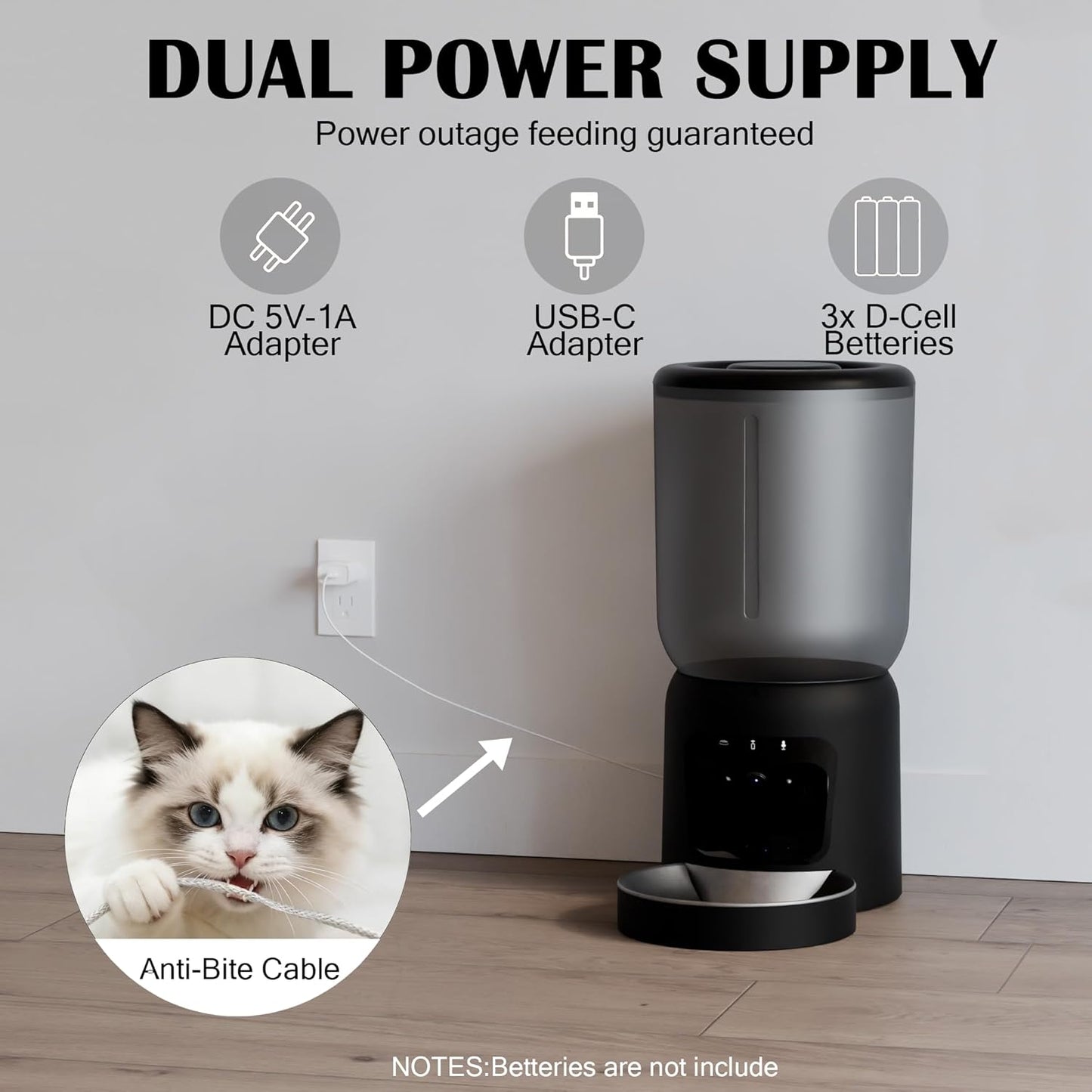 Automatic Cat Feeder with 2K Camera: Cat Food Dispenser with 6L Capacity, Container for Multiple Pet; Automatic Dog Feeder with Night Vision Support 5/2.4GHz & 2-Way Audio, Anti-Jam Design (Black)