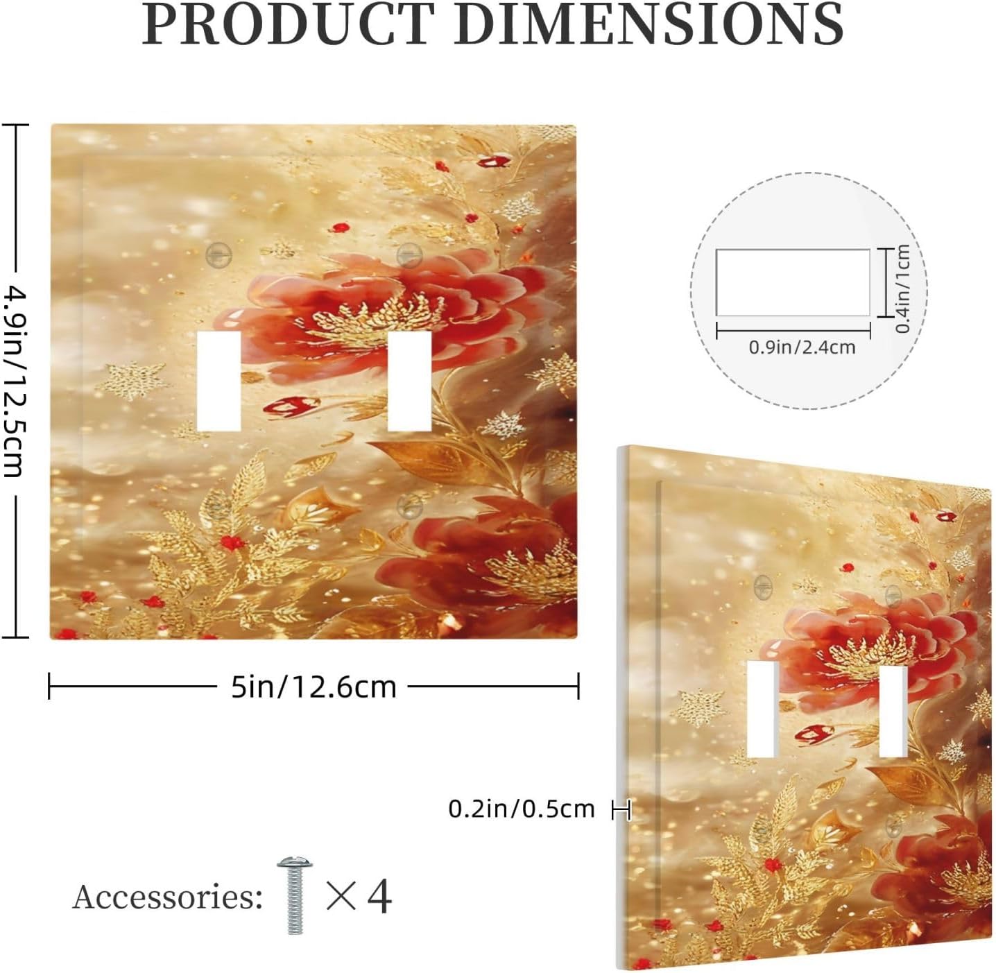 Decorative Light Switch Cover Plate Golden Leaf Red Peony Flowers Floral 2 Gang Wall Plate Oversized Double Toggle Two Switch Wall Cover Plate Dual Device Faceplate
