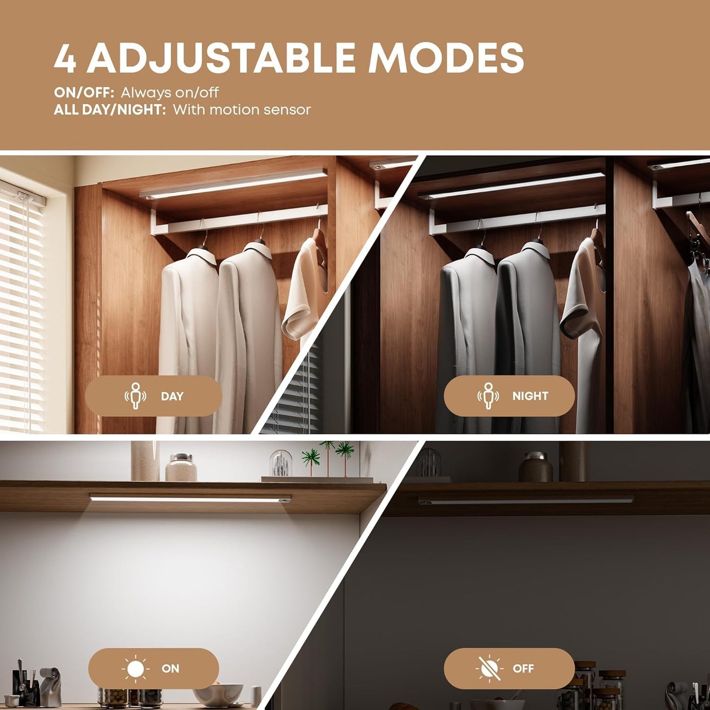Under Cabinet Kitchen Lights, Motion Sensor Dimmable 30cm 2200mAh 6500K LED Under Counter Rechargeable Wardrobe Indoor Night Lights for Kitchen Shelf Stairs Closet 2 Pack