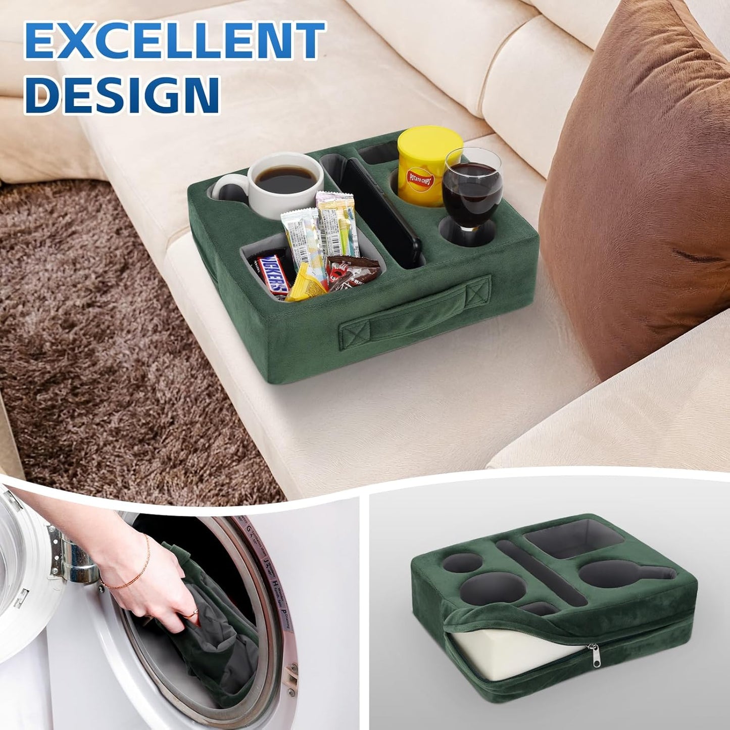 G GOOD GAIN Couch Cup Holder Pillow-Sofa Cup Holder Cozy Buddy | Bed Drink Caddy Holds Tablet, Remote, Snacks | Waterproof Anti-Spill Sofa Beverage Tray for Car, Park, Beach, Picnic, Boat, RV(Green)