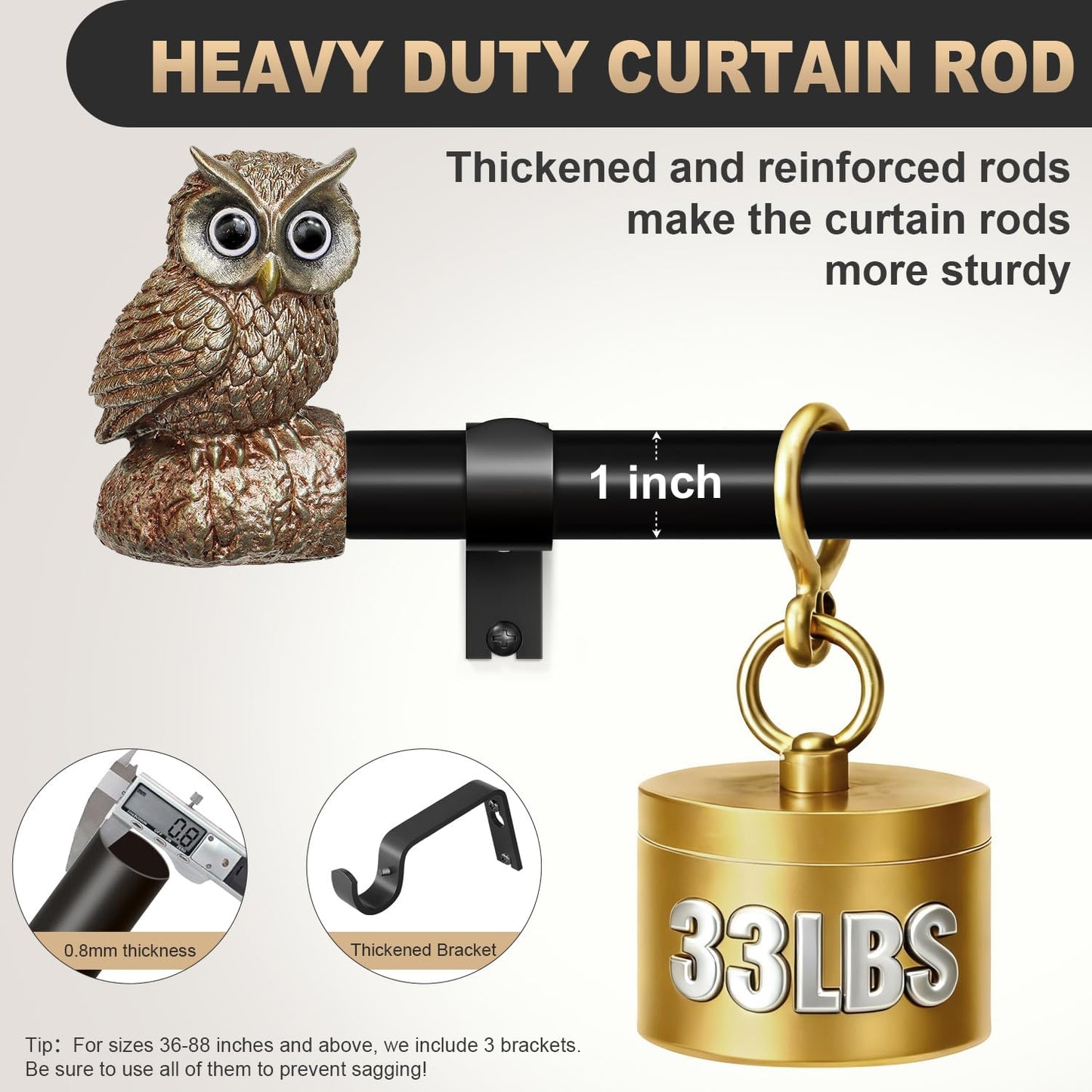 Vintage Decorative Black Curtain Rods for Windows 72 to 144 Inch Adjustable Heavy Duty 1'' Diameter Curtain Rod with Owl Finials for Bedroom Living Room Kitchen Farmhouse (36-150'')