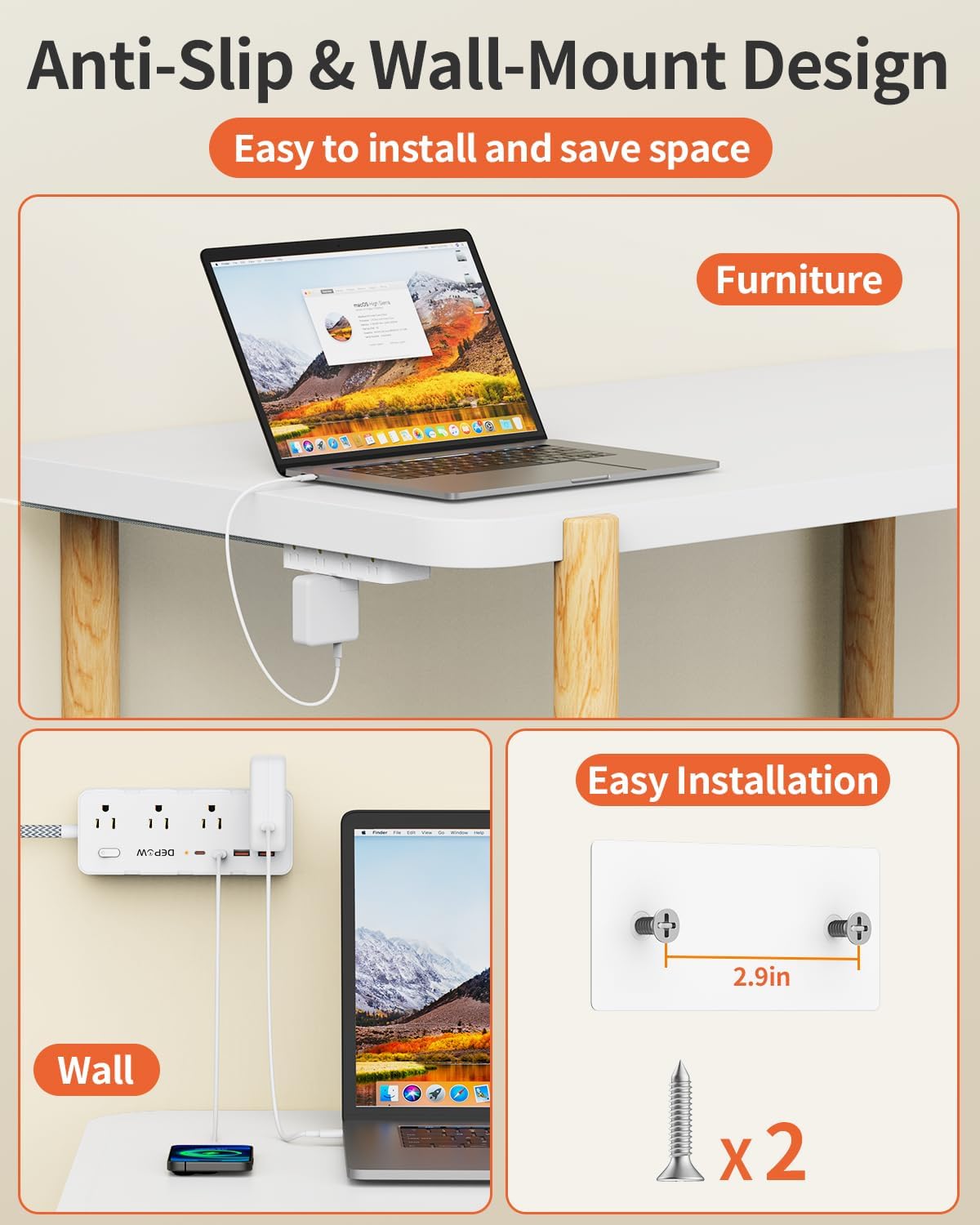 Power Strips with Surge Protection, 10 FT Braided Extension Cord with Multiple Outlets-8 AC Outlets 4 USB Ports (2 USB C), 1700 Joule Surge Protector with Flag Plug for Home Office, White