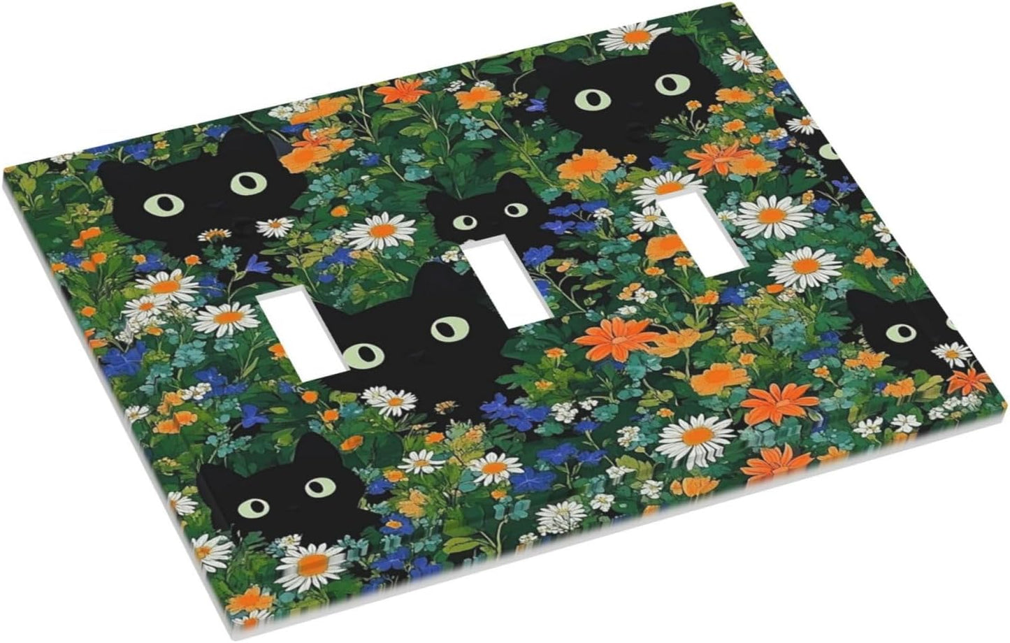 Boho Funny Black Cute Cats Daisy Wildflower Decorative Switch Plates 3 Gang Wall Plate Triple Toggle Light Switch Cover Faceplate Electrical Wall Panels For Kids Room Bed Room Decor