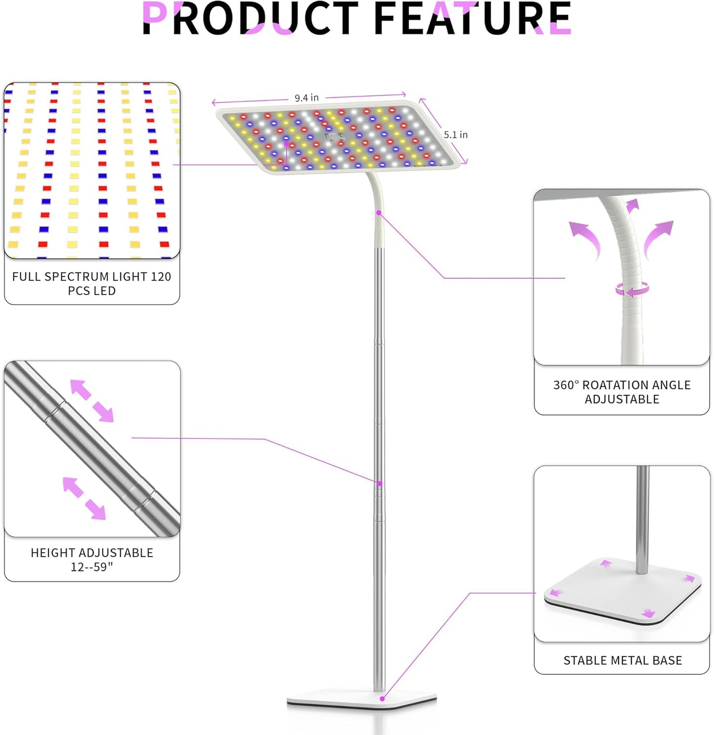 BESTVA 18W Grow Lights for Indoor Plants with Stand, Full Spectrum LED Plant Light for Indoor Plants,12-59 Inches Height Adjustable Growing Lamp with Auto On/Off Timer 4H/8H/12H, 4 Dimmable Brightnes