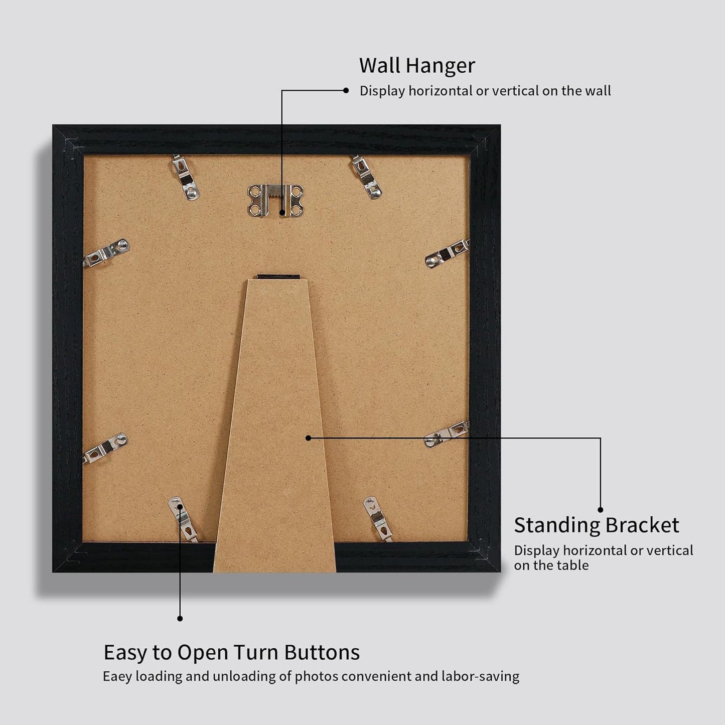 iRahmen 10x10 Picture Frame Set of 4 with HD Glass, Black Frames Display 8x8 Picture with Mat or 10 x 10 Without Mat, Wooden Photo Frames for Tabletop Display and Wall Mounting