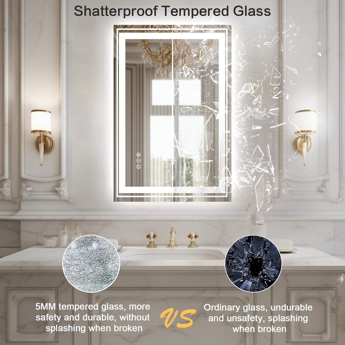 WTTY LED Bathroom Mirror 28"x36" with Backlit and Front Light,Stepless Dimmable LED Mirror for Bathroom,Anti-Fog Lighted Bathroom Vanity Mirror Modern,Memory Function,Shatter-Proof