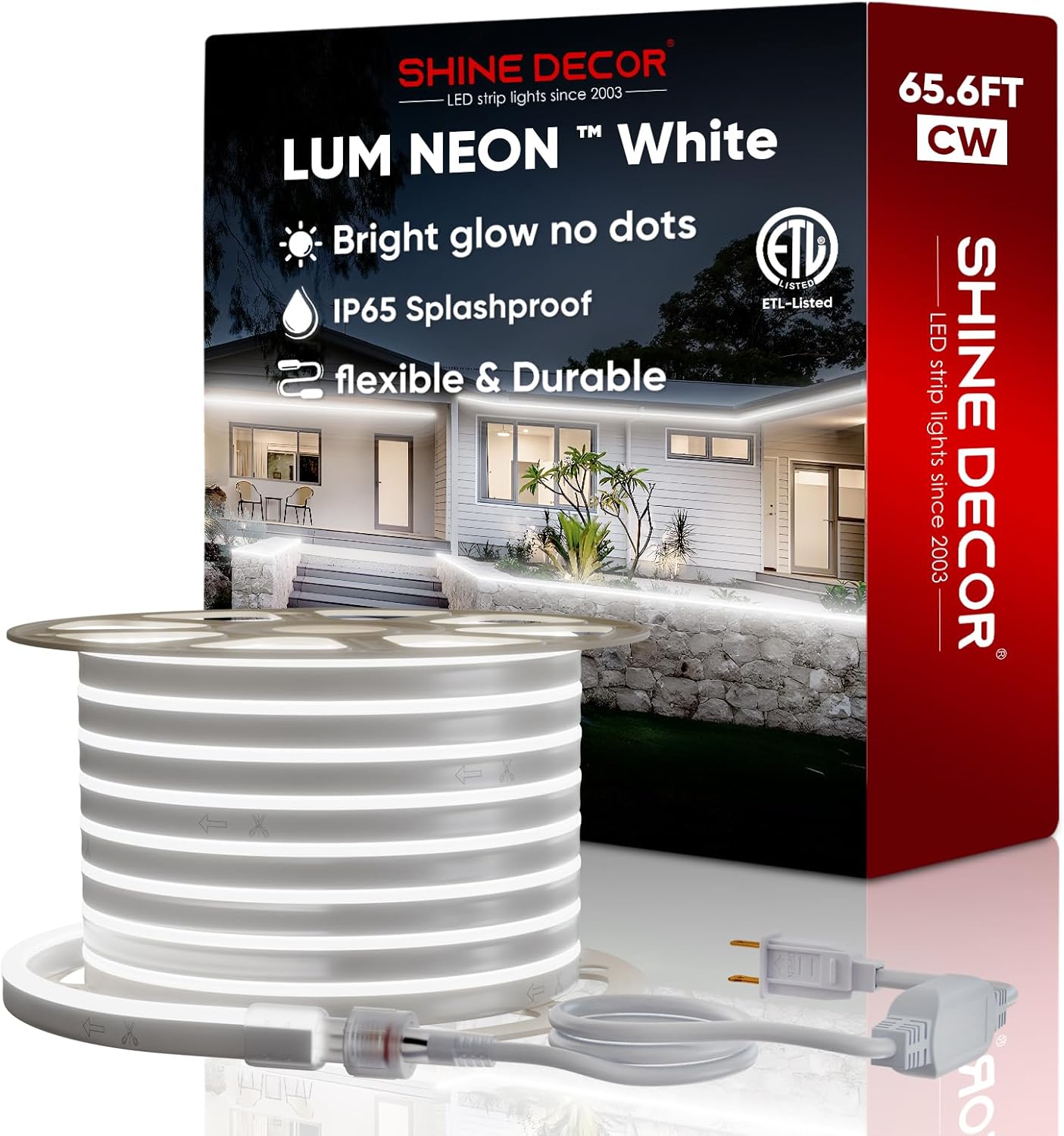Shine Decor LED Neon Rope Lights AC 120V, Expandable & Cuttable 120LEDs/M Bright Strip Lighting, ETL Cold-Resistant & IP65 Waterproof for Indoor Outdoor, 8x16mm, 6300K Cool White, 65.6ft