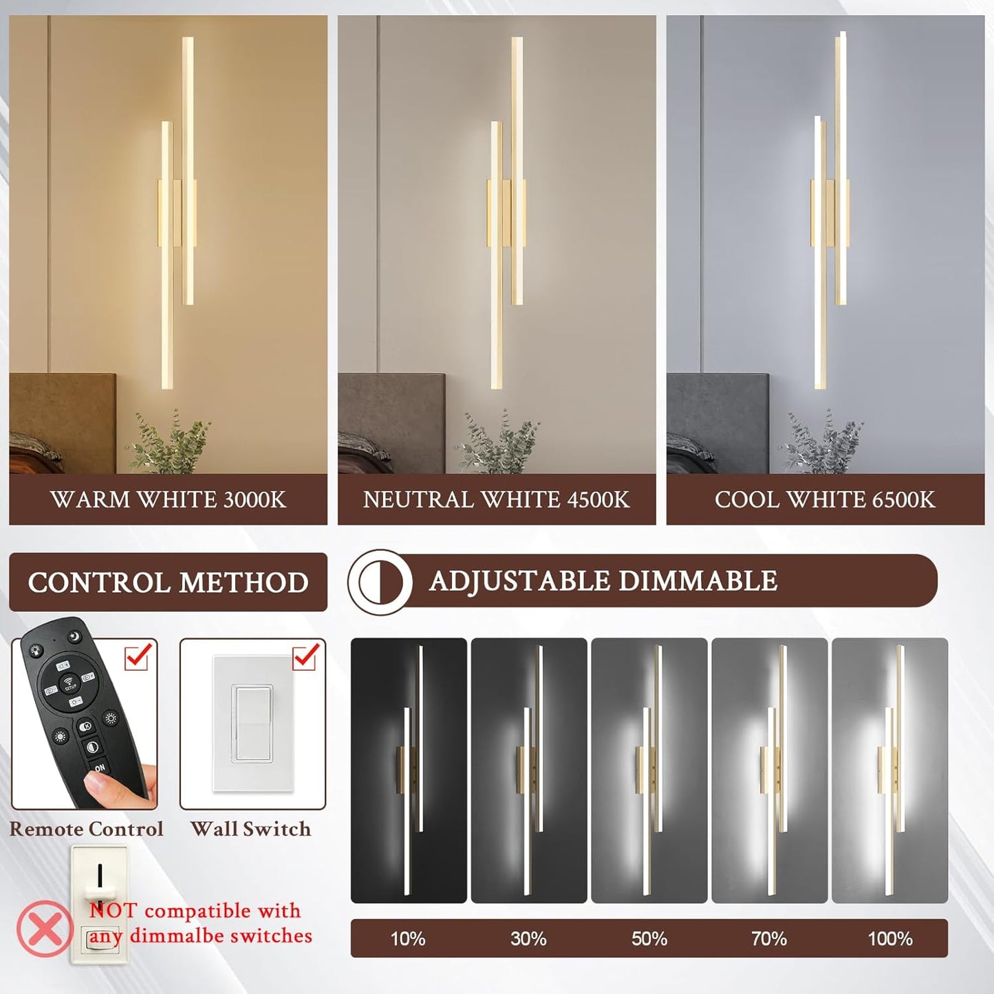 LED Wall Sconce Gold Modern Remote Wall Light Fixtures for Living Room, Dimmable LED Vanity Light Indoor Remote Wall Sconce for Bedside Bedroom Bathroom Dining Room, 39.4inch 1 Pack