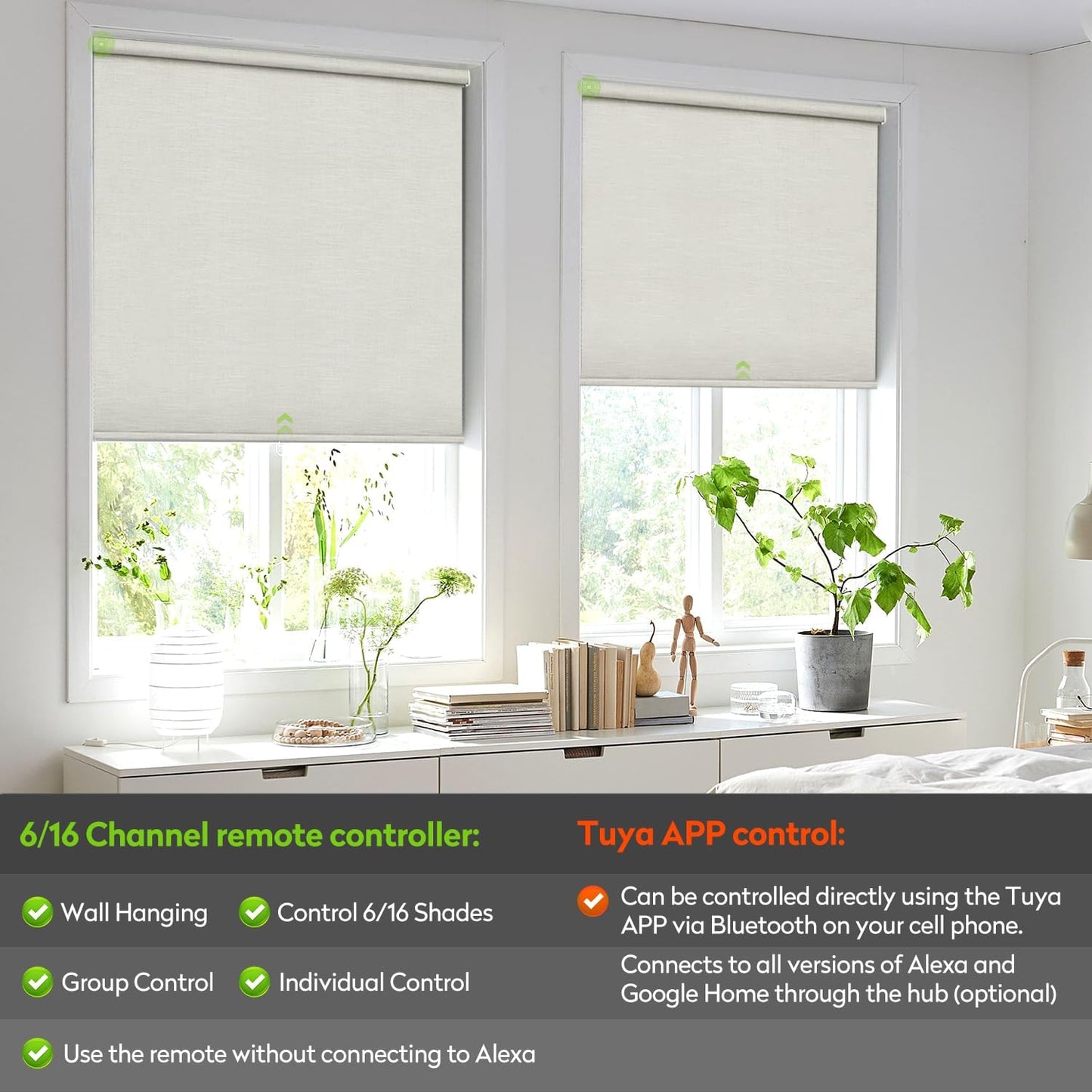 ZSTARR Motorized Blackout Roller Blinds with Remote Control,Rechargeable Smart Window Shades Compatible with Alexa Google via Hub,Fabric Wrapped Valance, Custom Size (Beige)