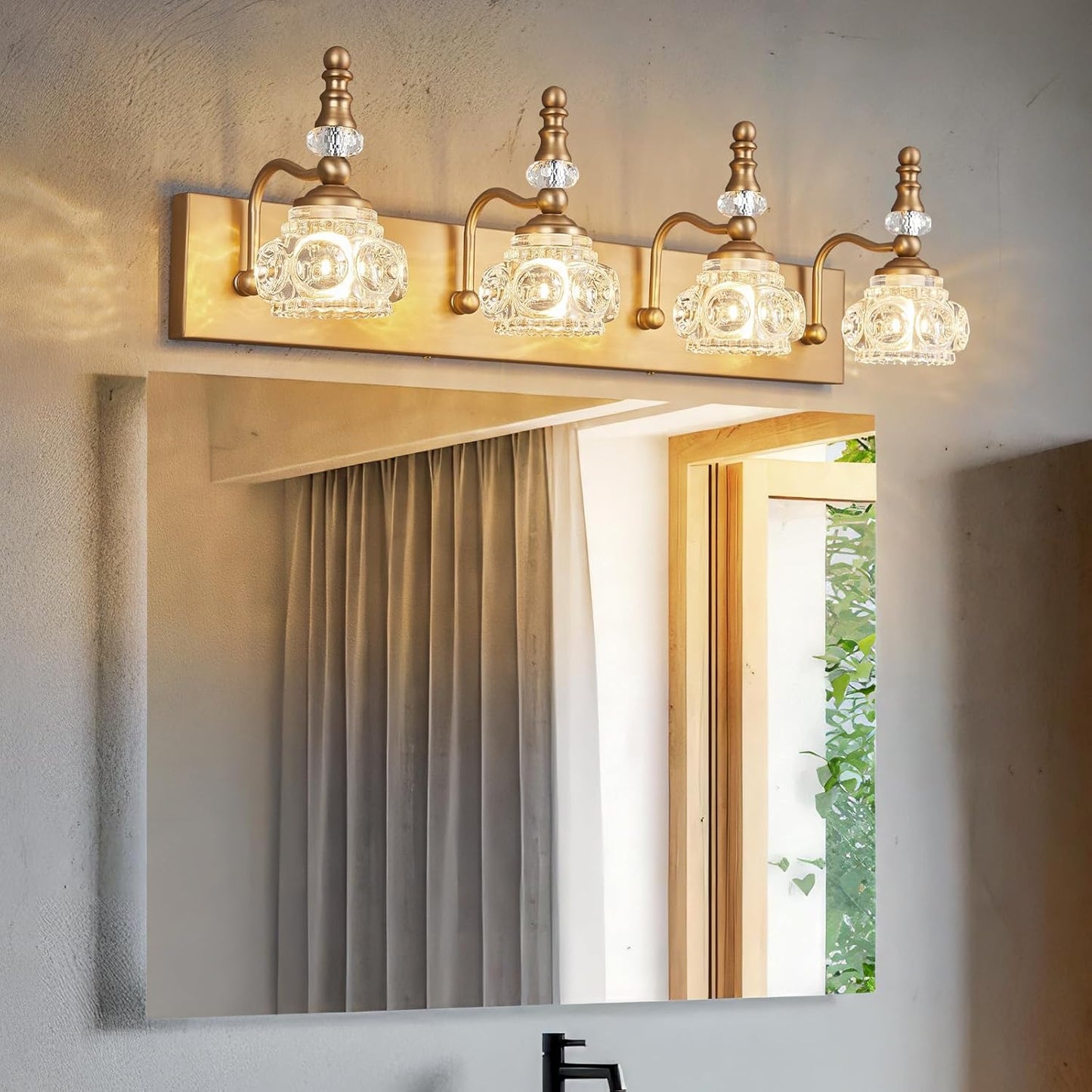 Modern Glass Crystal Vanity Light - Vintage Bathroom Lighting Fixtures Over Mirror, 4 Light Vanity Lights G9 Bulb (27.55 Inch,Brass)