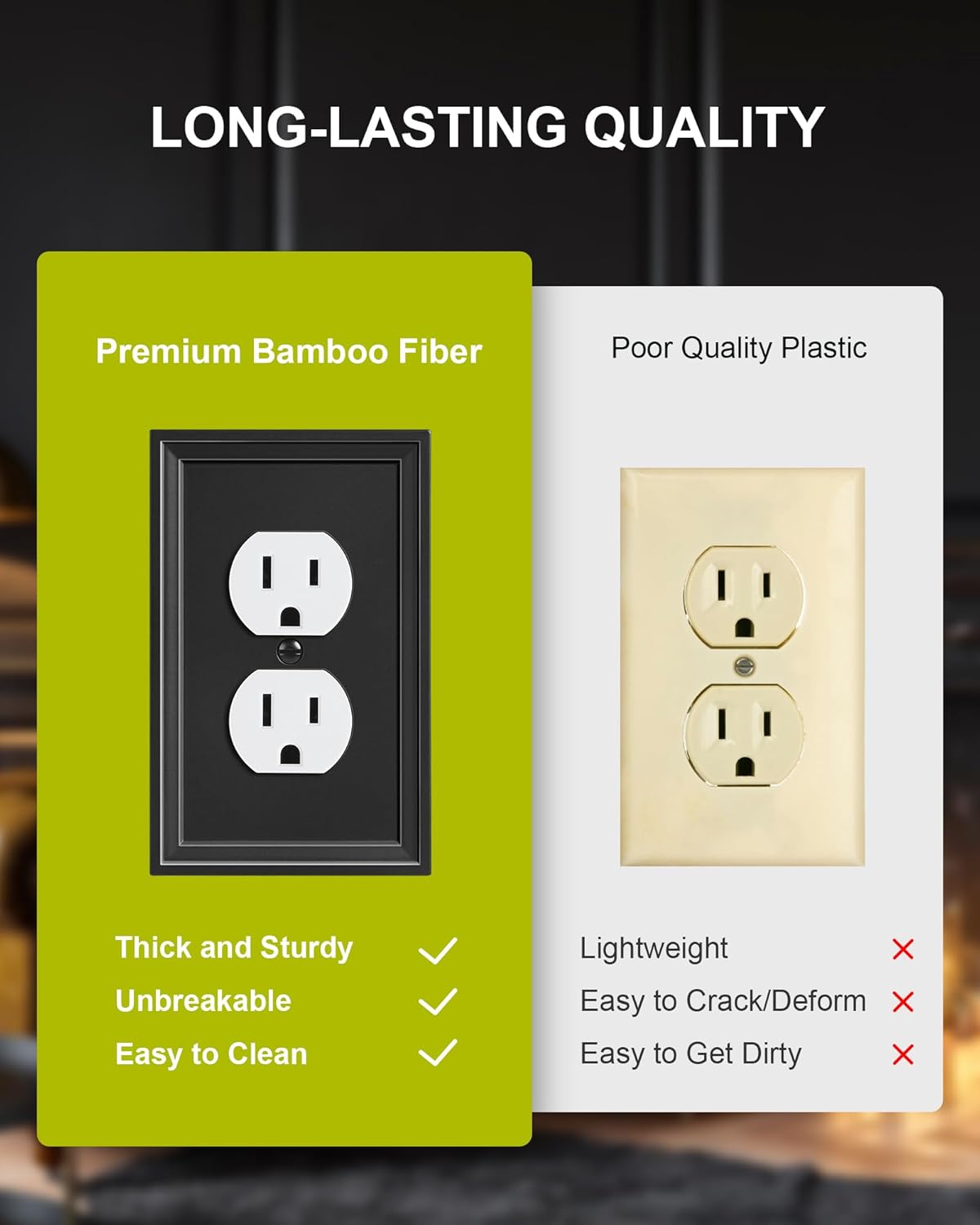 6-Pack Duplex Outlet Cover, Natural Bamboo Fiber Switch Plates and Outlet Covers, Black Decorative Wall Plates for Electrical Outlets, 1 Gang Receptacle Cover, Corrosion Resistant