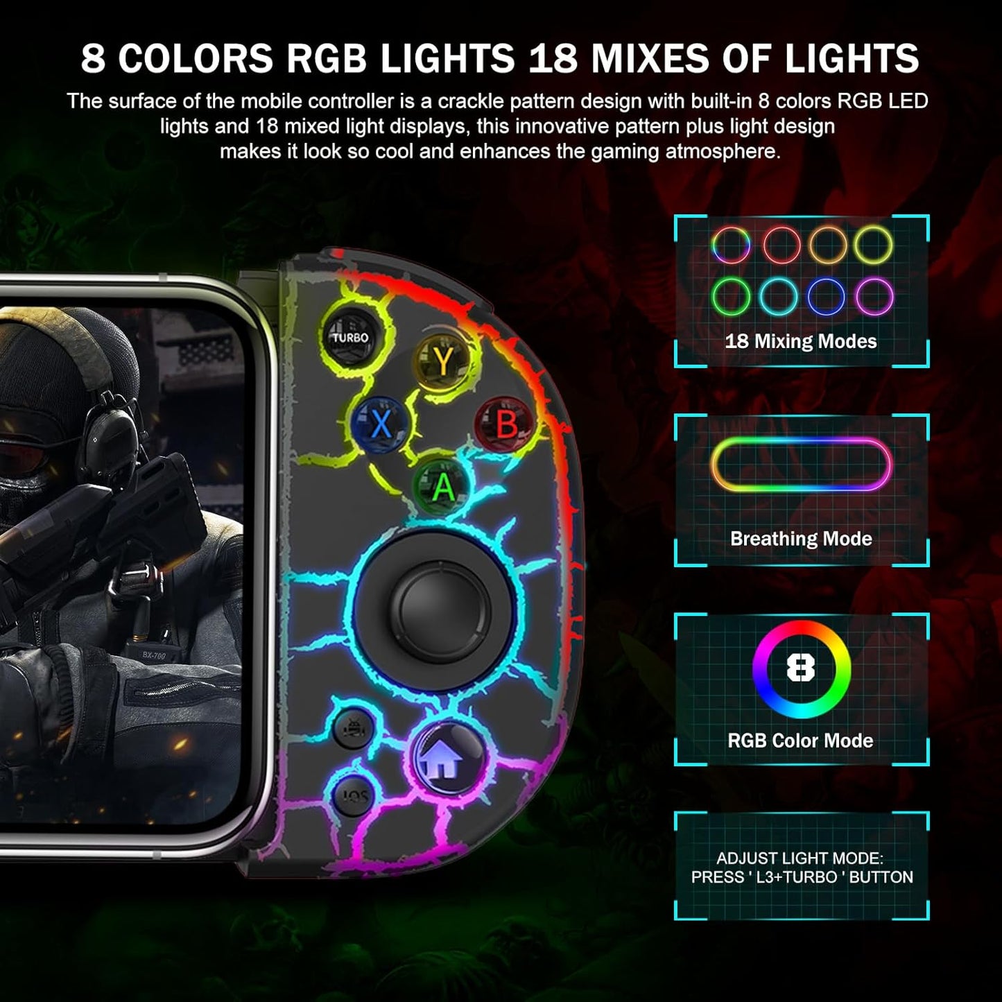 arVin Phone Controller for iPhone 15/14/13/Galaxy S23/S22/S21, Android Gaming Controller Unique Crack Wireless Gamepad with 8 Color RGB Lights/Turbo/Hall Effect Joystick for Call of Duty Mobile/Diablo