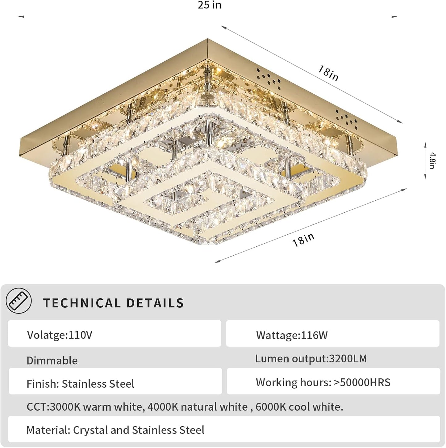 25" Modern Gold Crystal Chandelier with Remote/APP Control, Dimmable Flush Mount Ceiling Light Fixture, 3-Color Temperature,Led Ceiling Lamp for LivingRoom Bedroom Kitchen DiningRoom Entryway