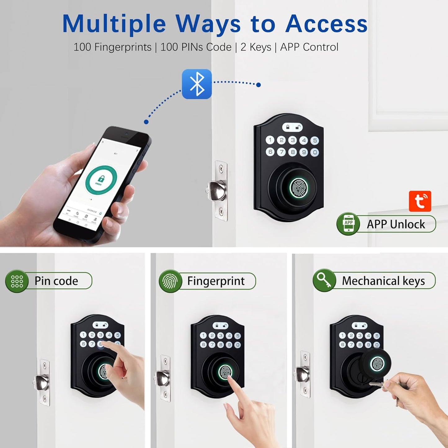 Smart Fingerprint Door Lock, Keyless Entry Deadbolt with Electronic Keypad, Bluetooth App Control, One Time Code, IP65 Weatherproof, for Front Door/Home/Office (Matte Black)