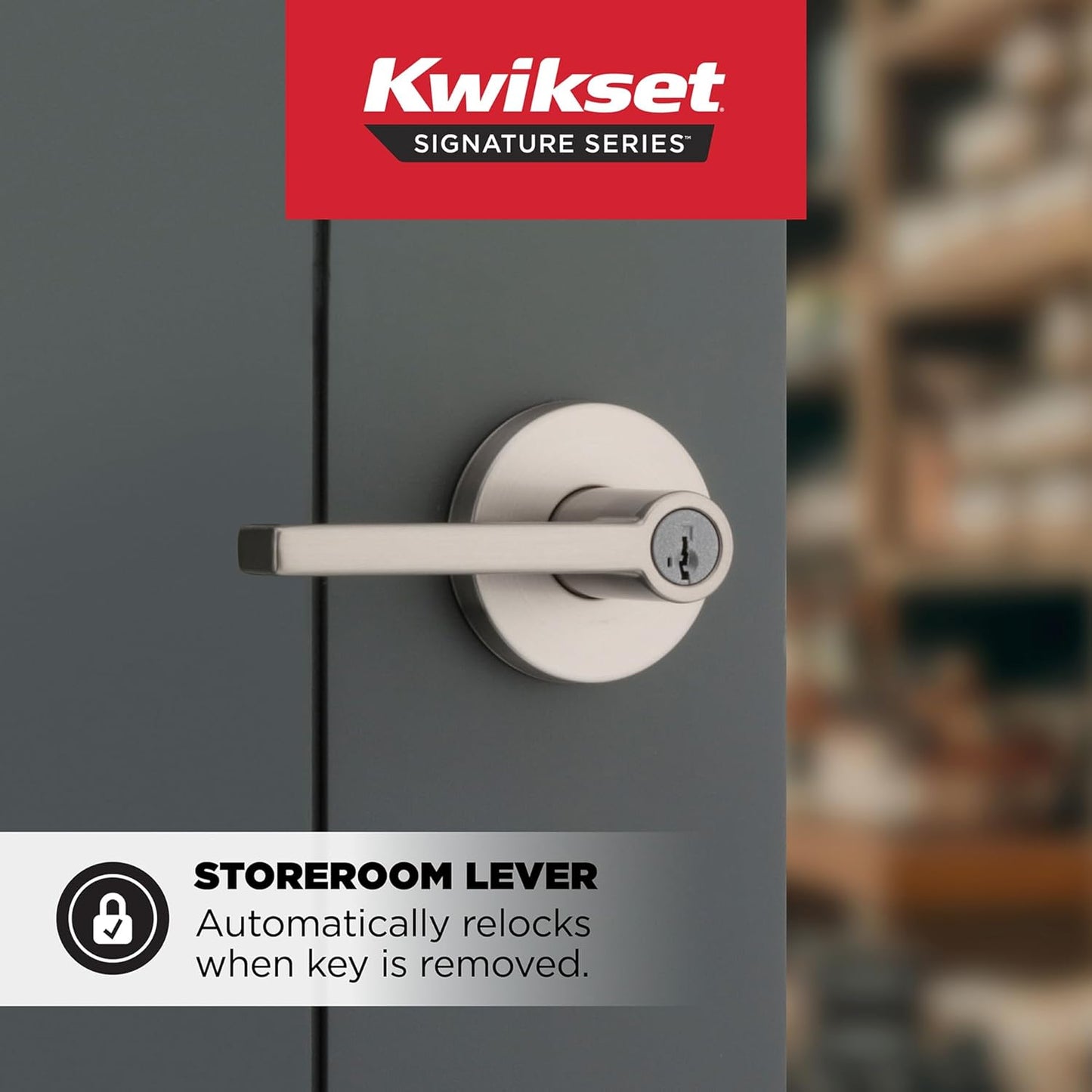 Kwikset Halifax Keyed Storeroom Entry Door Handle with Lock and Key, Secure Keyed Reversible Lever Exterior, Front Entrance and Bedrooms, Satin Nickel, Pick Resistant SMT Rekey Security and Microban