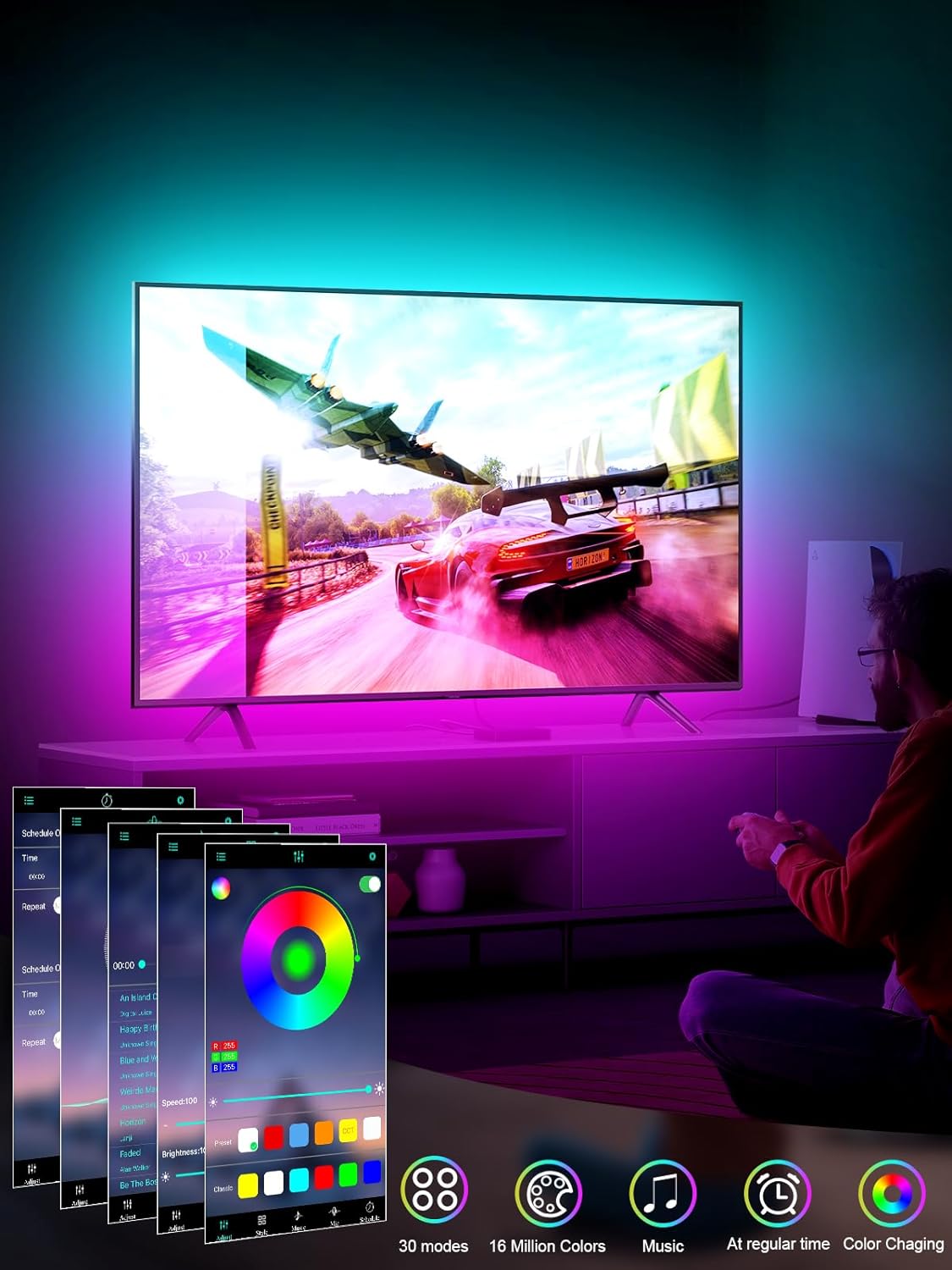 GIPOYENT Music Sync LED TV Backlight, RGB Color Changing Light Strip for 55-80 Inch TVs - Bluetooth Function, Home Theater (19.6ft)