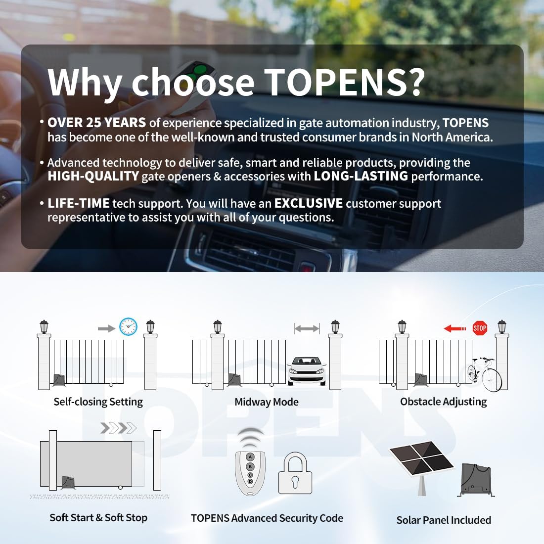 TOPENS DK1000S Solar Sliding Gate Opener Rack Drive Automatic Gate Motor for Heavy Driveway Slide Gates Up to 1800 Pounds, Electric Gate Operator Battery Powered with Solar Panel Remote Control Kit
