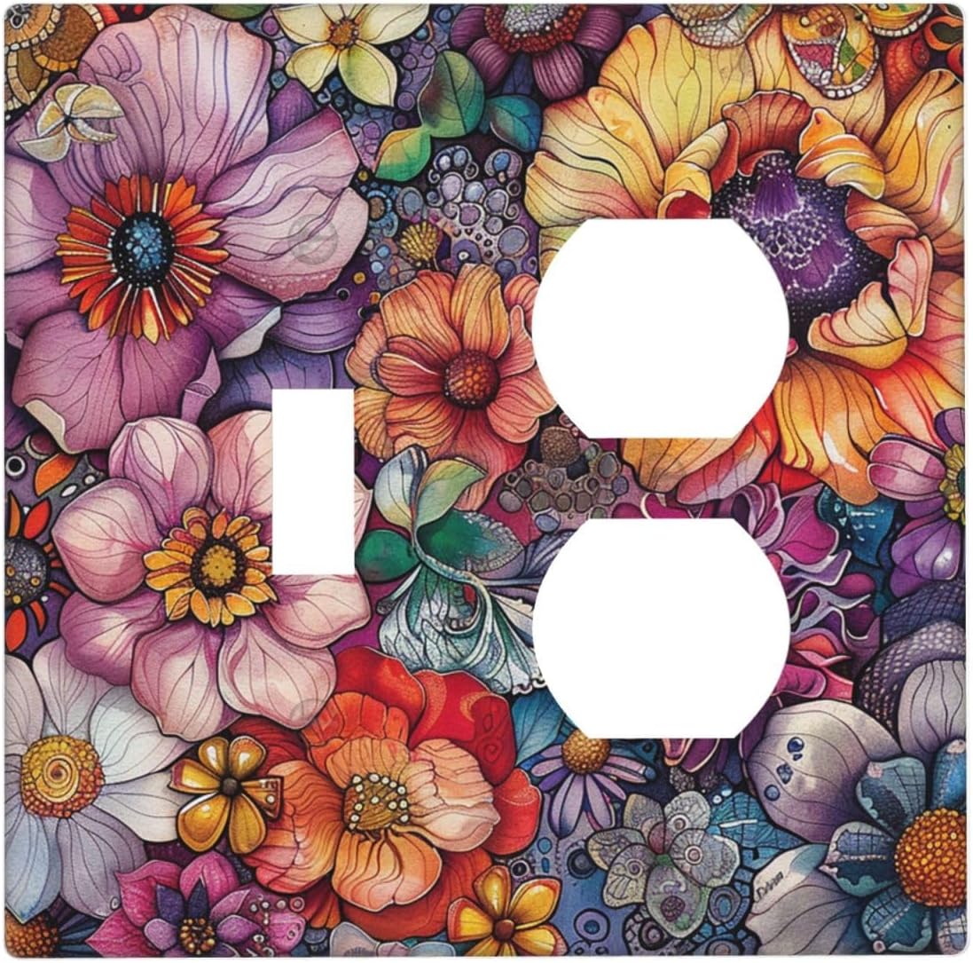 Wallplates Colorful Bohemian Flowers Vintage Boho Floral 1 Toggle 1 Duplex Switch Plate Electrical GFCI Faceplate Decorative Light Switch Covers for Bed Room living Room Decor
