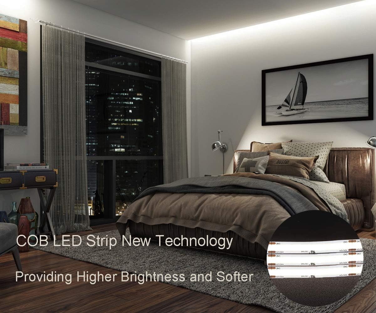 dephen UL-Listed COB LED Strip 16.4ft, 4000K Daylight Rope Lights 528LEDs/M, DC24V 5500Lm Flexiable and Cuttable Tape Lingting for Bedroom, Cabinet, Kitchen, Office, DIY